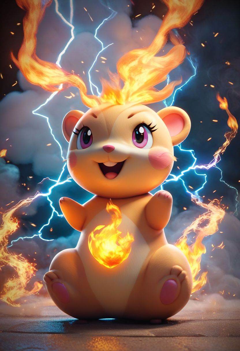 score_9, score_8_up, score_7_up, score_6_up, score_5_up, score_4_up, just describe what you want, tag1, tag2，Pokemon (hamster), Fire, Full Body, Smoke, Lightning, HD, Masterpiece, Best Quality, Solo,