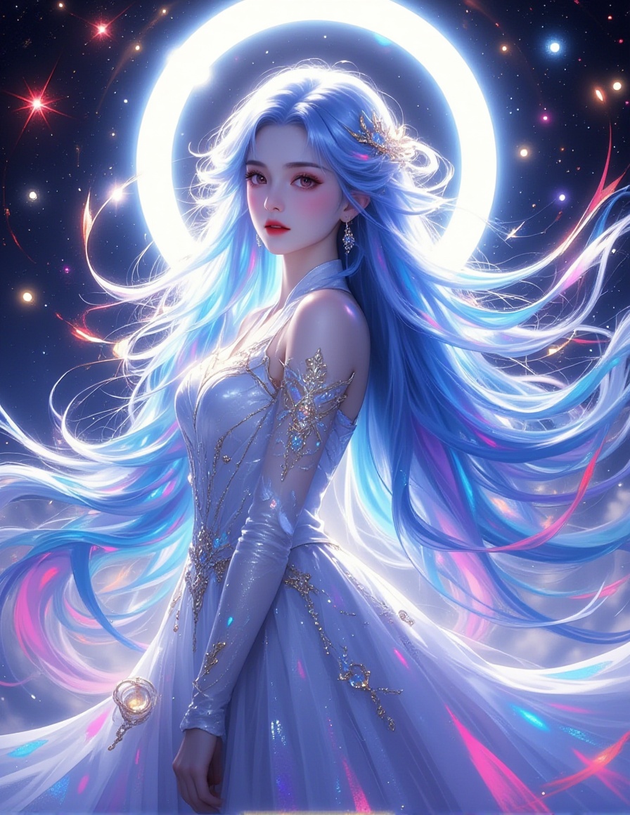 A digital illustration shoot from a profile camera angle about a mystical female character with long, flowing blue hair and a glowing, circular light behind her. the image also shows intricate details and vibrant colors. on the middle of the image, a 1woman, who appears to be a young *****, is standing, looking at the viewer with a serene expression, wearing a futuristic, white and blue outfit with gold accents. she has long hair with blue and purple streaks, and her hair style is long hair. her hair color is blue hair, and she has red eyes. she is wearing earrings and has a closed mouth. her body is slim and her expression is calm. the background is a cosmic scene with a large, glowing halo behind her, surrounded by swirling red and blue ribbons，1girl, solo, long hair, blue hair, red eyes, hair ornament, looking at viewer, upper body, earrings, dress, jewelry,<lora:动漫美女1 (1):1>,