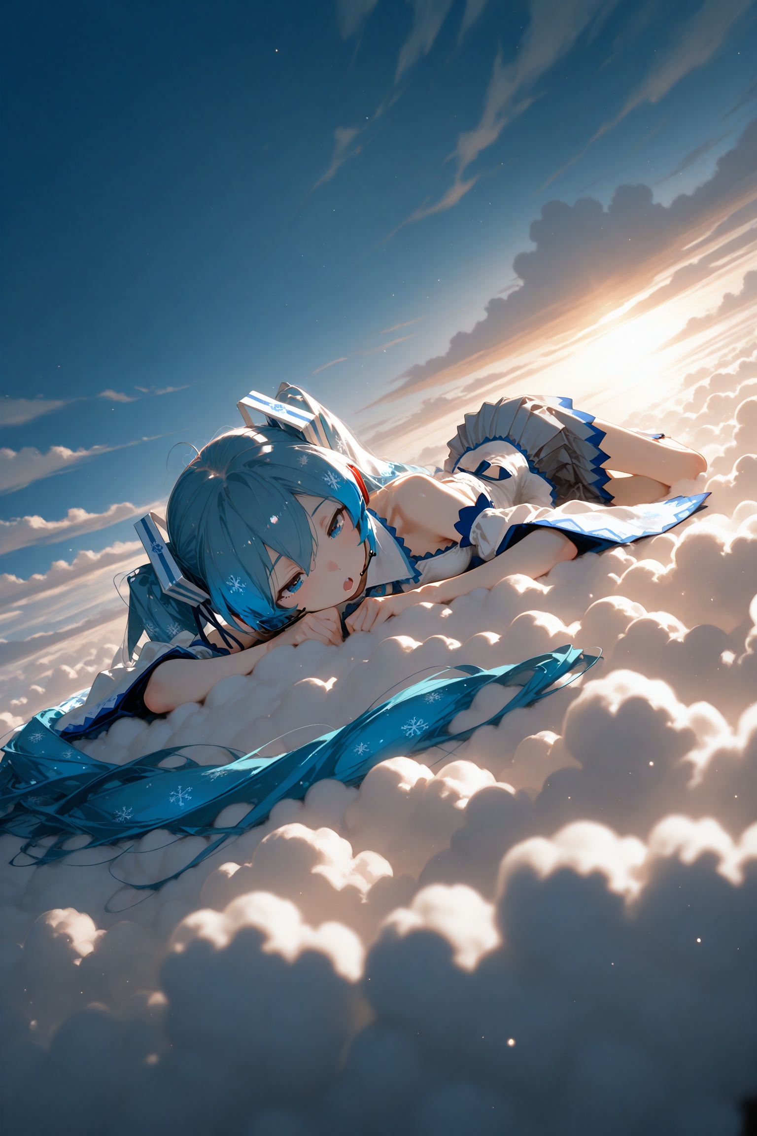 masterpiece,best quality,amazing quality,very aesthetic,absurdres,newest,extreme aesthetic,in the style of fashion photography,light particles,cinematic lighting,Visual impact,sharp focus,Emotionalization,depth of field,dutch angle,scenery,(dino_(dinoartforame):0.5),(yoneyama mai:0.5),(Yomu:0.3),1girl,solo,yuki miku,vocaloid,:o,kind_smile,rich color,amazing light,dense clouds,lying on the clouds,