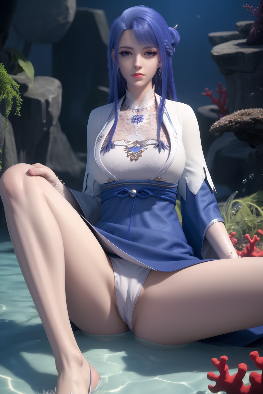 1girl,underwater,submerged,floating hair,air bubble,holding breath,see-through,masterpiece,best quality,highly detailed,fish,(wide hip:1.2),jellyfish,earrings,hair ornament,sea weed,coral reef,shark,sea turtle,sexy pose,chinese dress,chinese clothes,huge breasts,black pantyhose,(looking at viewer:1.2),sitting,(spread legs),perfect cameltoe,(torn pantyhose),blue hair