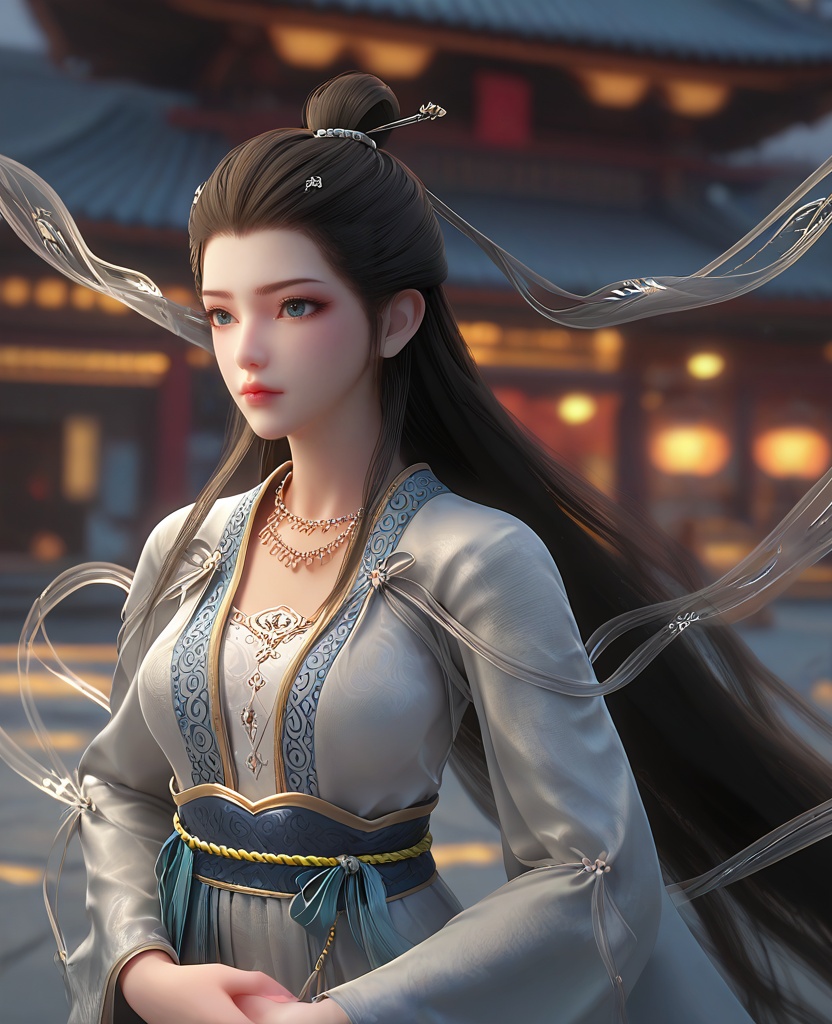 (oriental architecture, elegant decor, sophisticated style:1.1),(Gently pulling at an imaginary necklace near her collarbone, with her eyes locked onto an unseen lover, she portrays deep longing and irresistible charm:1.1),(breasts:1.2),<lora:XL16长生界九州神女兰若:0.95>,miss lanruo,white dress,blue eyes,black hair,very long hair,hair bun,necklace,hanging hair,hair ornament,silk shawl,white bra,sash,blue dress hem,, score_9,score_8_up,score_7_up,score_6_up,score_5_up,score_4_up,3d rendering,tag1,tag2, Cinematic Lighting,backlighting,