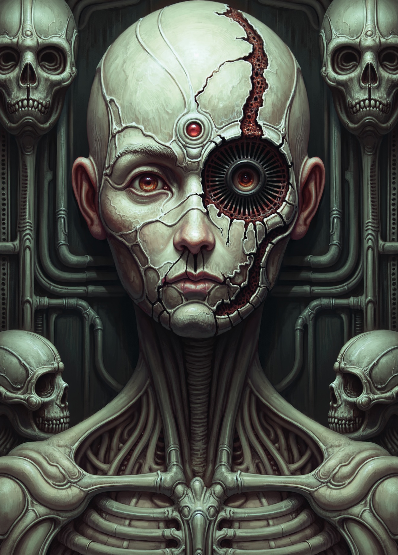 Portrait of a beautiful broken cyborg girl in style of AITB_FLUX_scorn .She is bald. Her ribs are open like a wings of but...