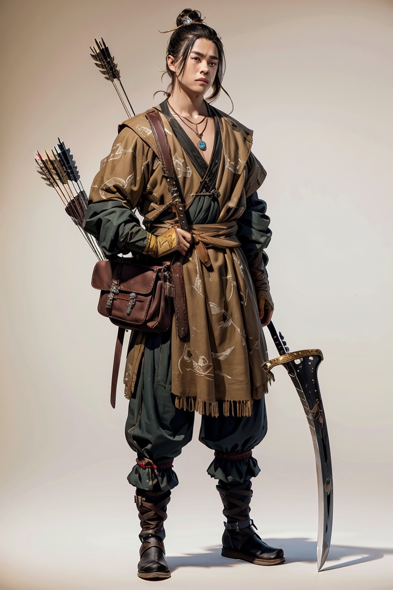 JYGL 1boy arrow \(projectile\) black hair boots bow \(weapon\) full body jewelry male focus necklace solo standing sword weapon,<lora:金庸古龙20240110-1704831963137-0010:0.8>,