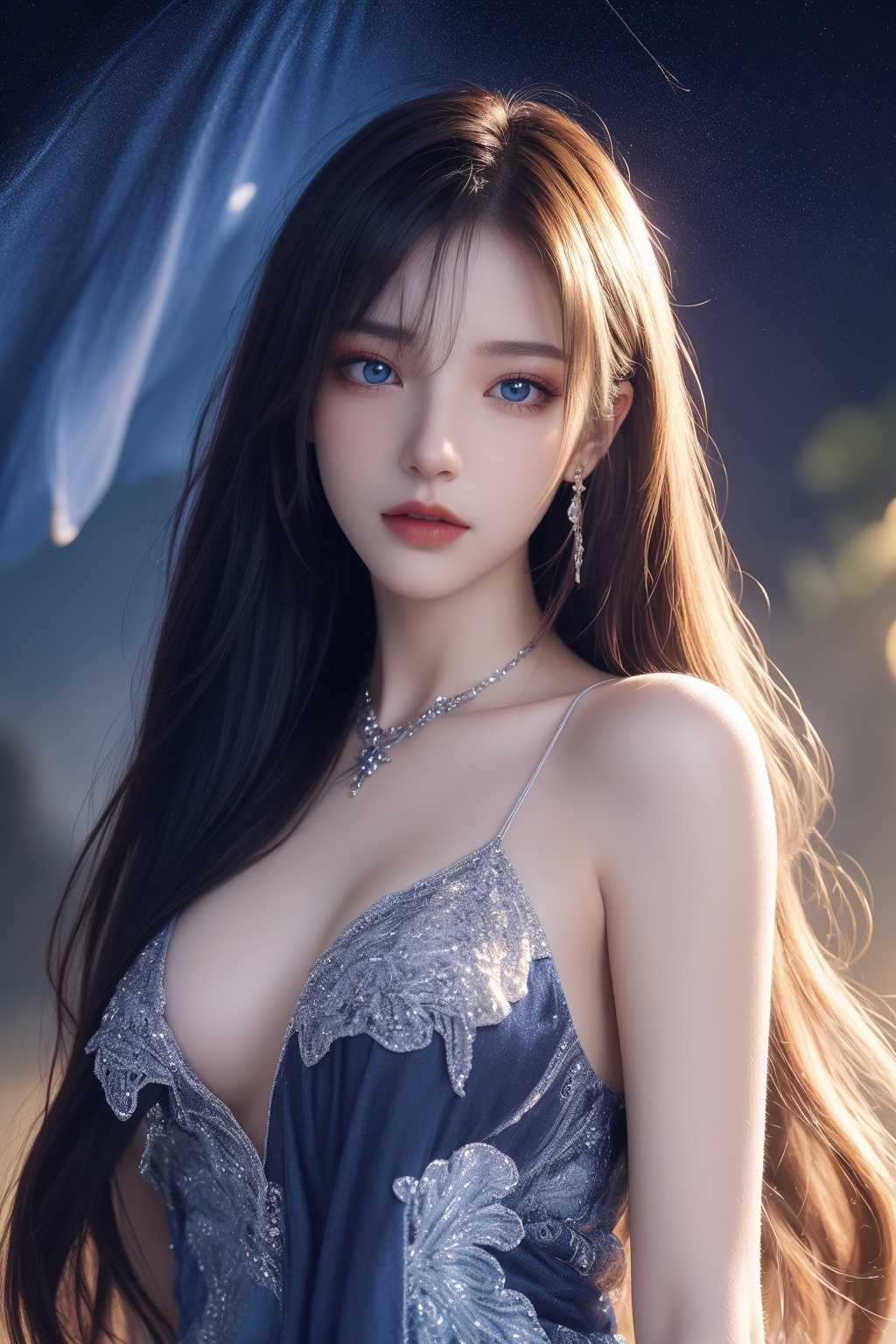 1girl, aurora, bamboo, bangs, bare shoulders, blue eyes, branch, breasts, city lights, cleavage, cloud, constellation, crescent moon, dress, fireflies, flower, full moon, gem, hair flower, hair ornament, jewelry, large breasts, leaf, light particles, lips, long hair, looking at viewer, milky way, moon, moonlight, night, night sky, outdoors, palm tree, pink lips, plant, shooting star, sky, solo, space, star \(sky\), starry sky, tanabata, tanzaku, tree, very long hair  <lora:彩儿:0.66>