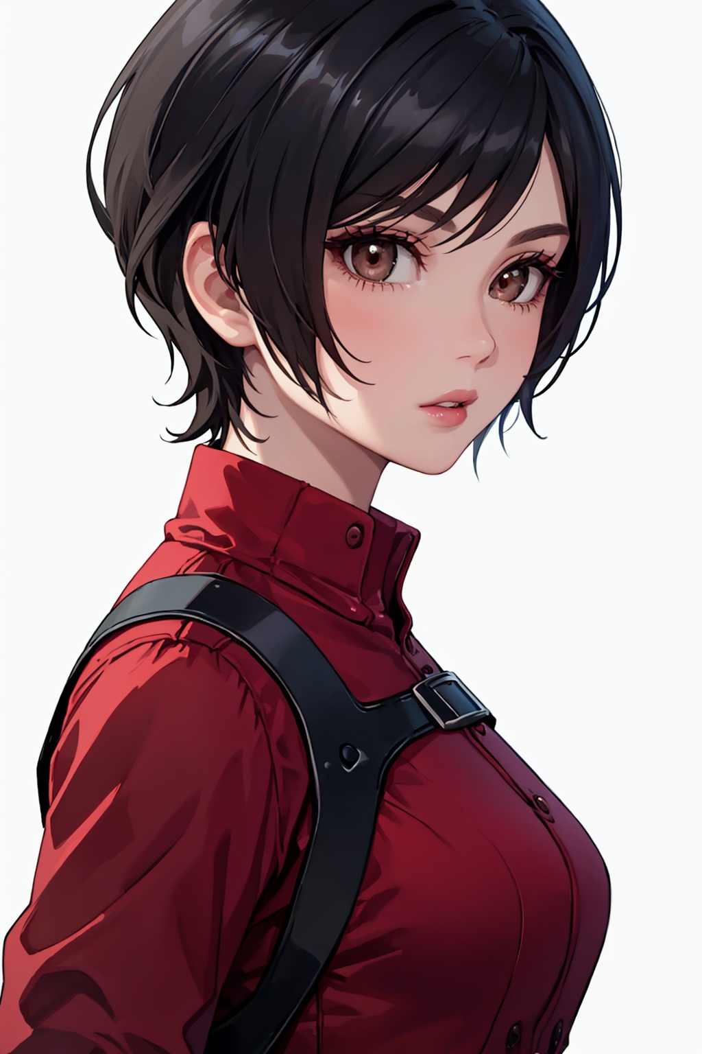 masterpiece,best quality, highly detailed, ada wong,1girl, solo, white background, looking at viewer, red shirt, upper body, simple background, from side, medium breasts, parted lips, lips,<lora:ada_wong:1>