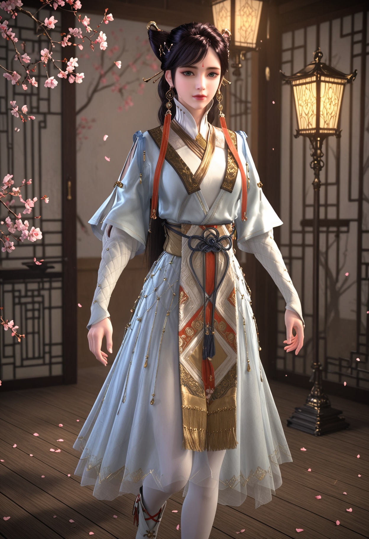 (standing:1.1),(full_body:1.1),(looking at viewer:1.1),masterpiece,(best quality),smog,Dark room,dim lighting,peach blossom,falling petals,<lora:YQ_Illustrious光辉v5_徐灵犀_V1:0.8>,q1528437228,1girl,solo,jewelry,earrings,hair ornament,black hair,lips,chinese clothes,dress,forehead mark,green eyes,hair bun,long hair,makeup,brown hair,hair stick,long sleeves,tassel,boots,white pantyhose,braid,blue eyes,brown eyes,double bun,