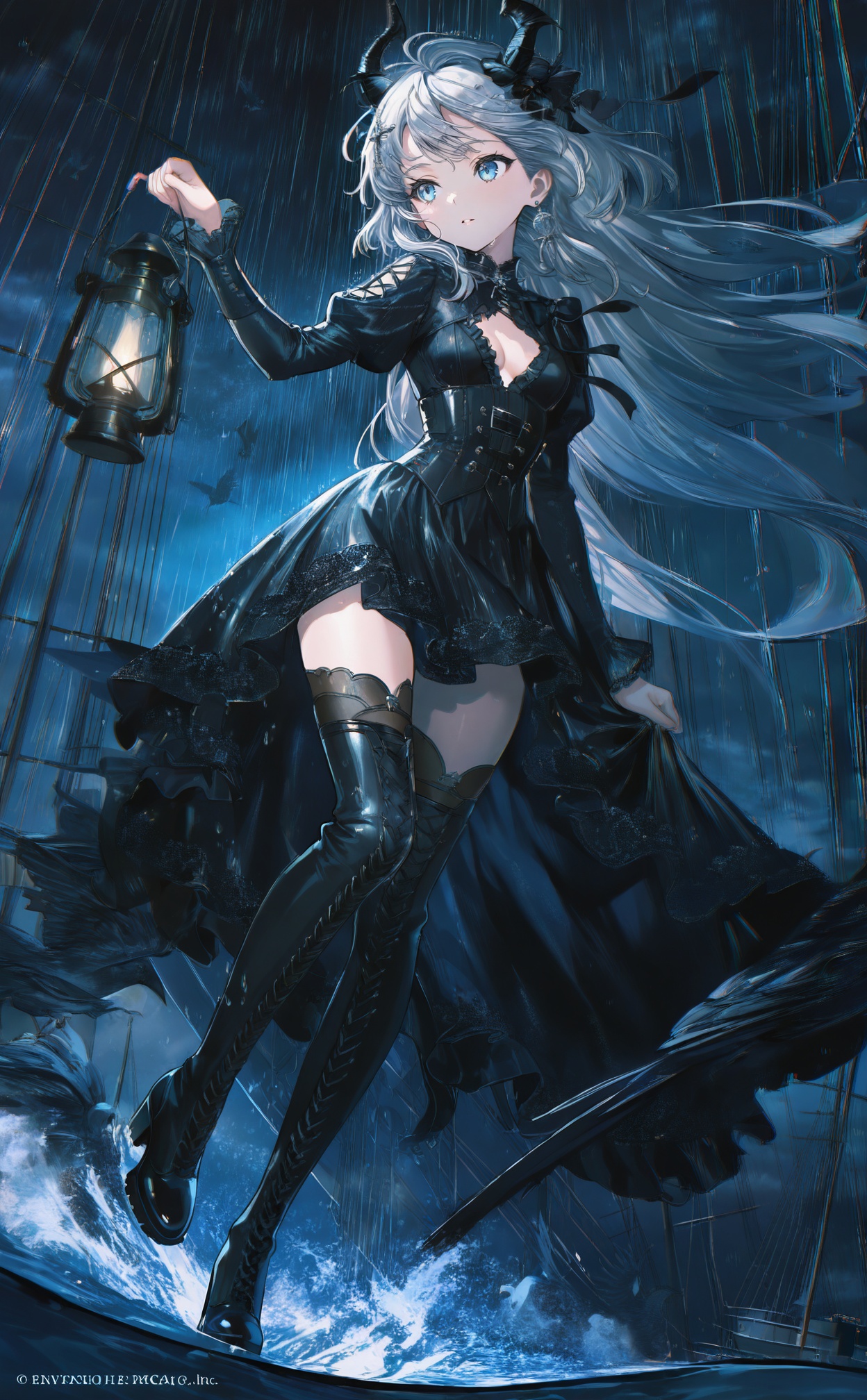 masterpiece,absurdres,best quality,petite,high quality,//,1girl,dress,long_hair,black_dress,solo,boots,thigh_boots,water,holding,horns,long_sleeves,blue_eyes,bird,full_body,splashing,very_long_hair,lantern,black_footwear,breasts,night,thighhighs,holding_lantern,chromatic_aberration,hair_ornament,parted_lips,grey_hair,puffy_sleeves,white_hair,juliet_sleeves,standing,small_breasts,black_ribbon,sky,jewelry,walking,black_thighhighs,standing_on_one_leg,watercraft,ribbon,cleavage,looking_to_the_side,corset,fish,watermark,demon_horns,cleavage_cutout,night_sky,earrings,cross-laced_clothes,black_horns,rain,clothing_cutout,high_heel_boots,artist_name,outdoors,ship,cross-laced_footwear,water_drop,feather_hair_ornament,blue_theme,high_heels,waves,floating_hair,feathers,black_theme,frills,//,<lora:ssxd——【noob】hans:1>,