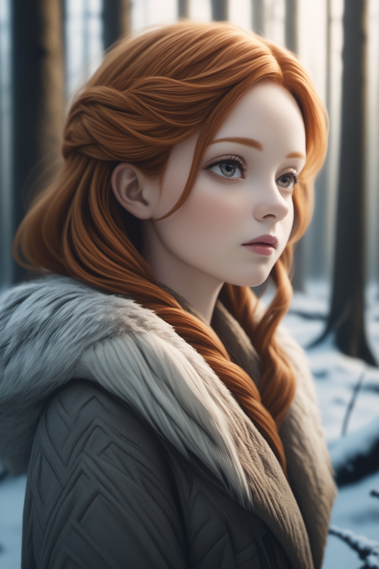 foxie european woman,ginger hair,winter forest,natural skin texture,24mm,4k textures,soft cinematic light,adobe lightroom,photolab,hdr,intricate,elegant,highly detailed,sharp focus,((((cinematic look)))),soothing tones,insane details,intricate details,hyperdetailed,low contrast,soft cinematic light,dim colors,exposure blend,hdr,faded,