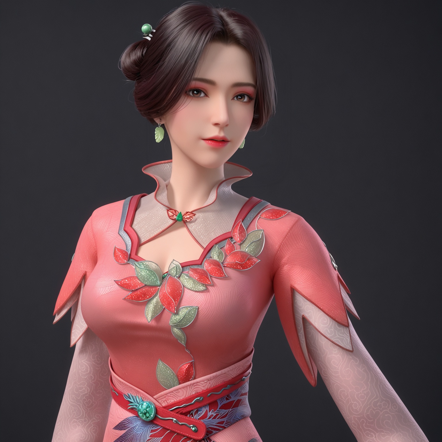 <lora:YQponyjimohuaxueV2:0.8>,q1528437228,solo,1girl,black hair,dress,jewelry,earrings,hair ornament,short hair,brown eyes,chinese clothes,pink dress,long sleeves,hair bun,brown hair,realistic,boots,necklace,red dress,clothing cutout,BREAK score_9,upper_body,portrait,shiny_skin,(looking at viewer:1.1),cinematic lighting,volumetric lighting,solo focus,(huge breasts:0.9),(simple background,pure black background,black background:1.1),