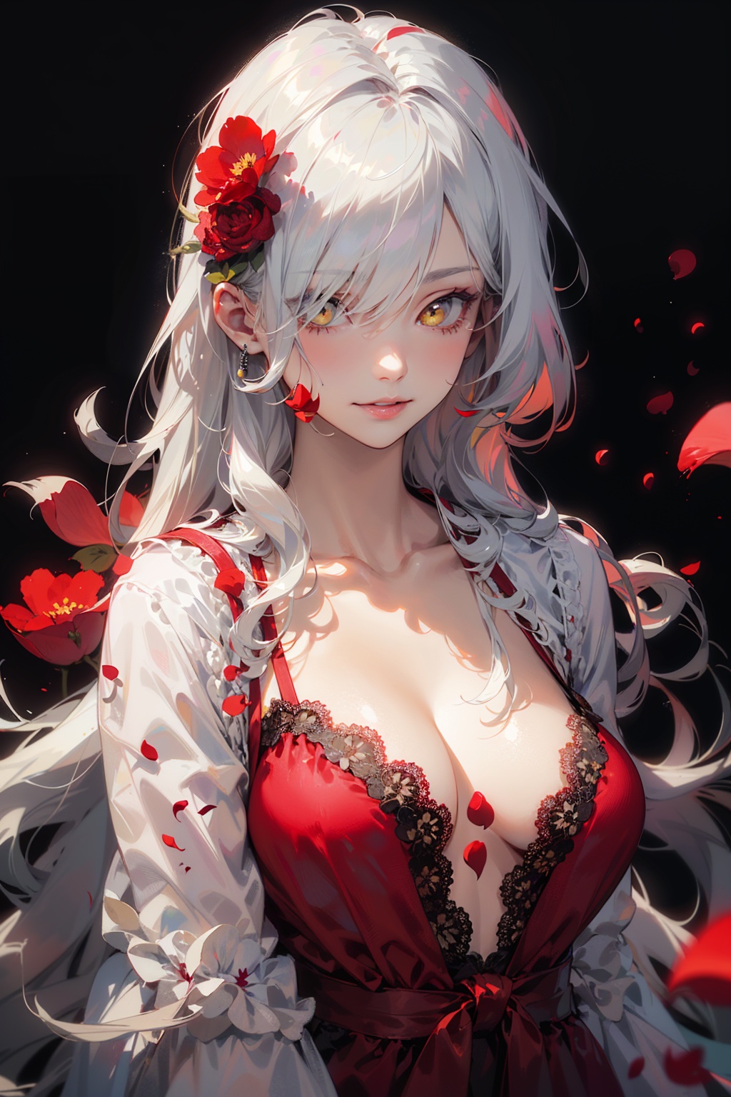 masterpiece,best quality,(realistic:1.2),1girl,solo,looking at viewer,silver hair,yellow eyes,beautiful and detailed face,evil smile,upper body,collarbone,collarbone,large breasts,white long translucent night gown,expressionless,hair cover one eye,long hair,red hair flower,standing,blood,(plenty of red petals:1.35),white background),simple background,