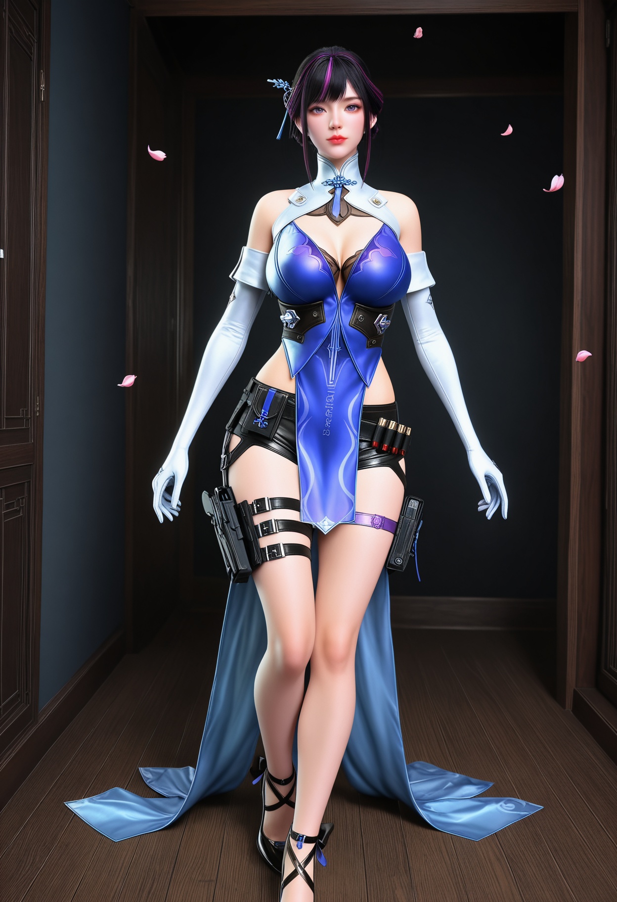 (full_body:1.2),(gigantic breasts:0.8),(Perky boobs:1.3),(looking at viewer:1.1),facing viewer,direct gaze,(masterpiece:1.1),(best quality:1.2),(intricate details),(smog:1.3),(Dark room:1.3),(dim lighting:1.3),peach blossom,falling petals,<lora:YQ_Illustrious光辉v5_虹儿_V1:0.8>,1girl,q1528437228,solo,gloves,dress,short hair,shorts,chinese clothes,purple eyes,thigh strap,holster,hair bun,hair ornament,sidelocks,thigh holster,detached sleeves,high heels,masterpiece,(best quality),(intricate details:0.9) BREAK (intricate details:0.9),(realistic skin:1.2),masterpiece,best quality,newest,absurdres,hiahres,