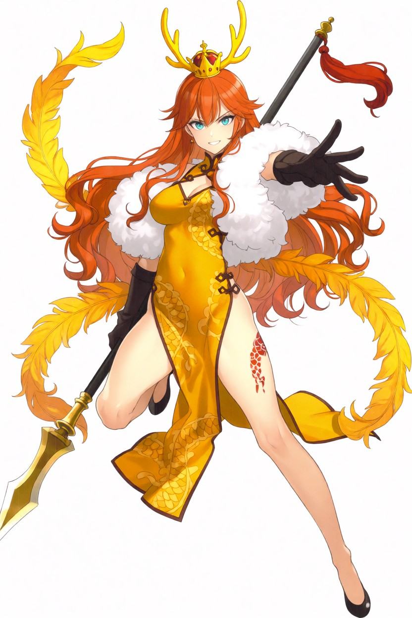 Full-body anime illustration of a fierce warrior queen character. She has long,  wavy bright orange hair,  sharp blue eyes...