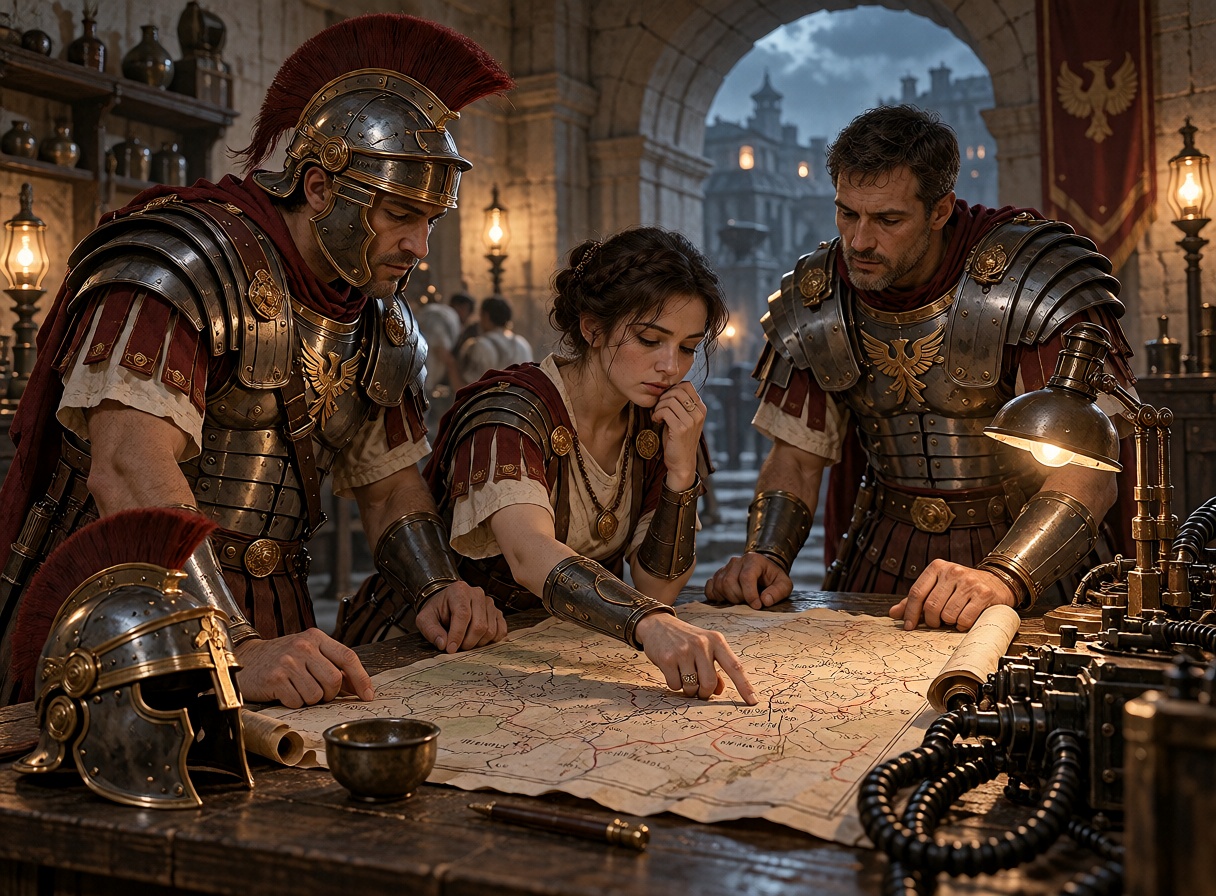 Three Roman officers in segmented armor gather around a large paper map on a wooden campaign table. A young woman points t...