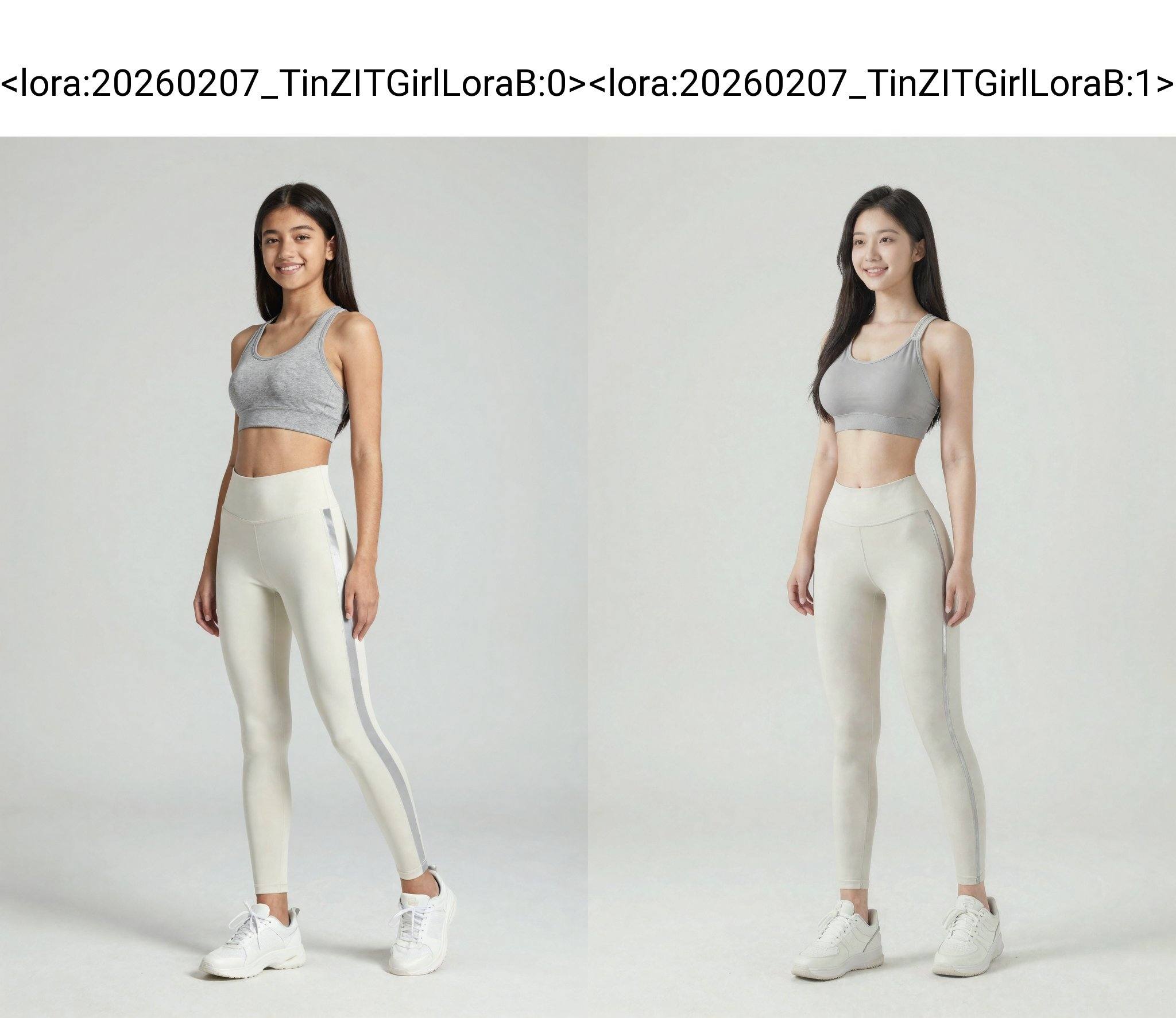 <lora:20260207_TinZITGirlLoraB:0>, 创建一张15岁年轻女性站在极简主义风格的摄影棚内，背景为白色。她留着一头乌黑的长直发，脸带微笑，身穿灰色紧身运动文胸和浅色高腰紧身裤，裤子侧边饰有一条时尚的银色条纹。她的姿势动感而放松，展现出健美的体态。她脚上的白色运动鞋简洁时尚，与整体运动造型相得益彰。整幅画面应强调运动感和时尚感，柔和的光线营造出轻柔的阴影，凸显她的身材曲线。