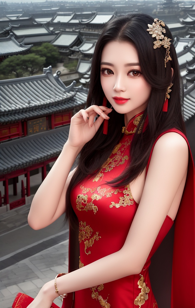 best quality, masterpiece, highres, 1girl,china dress,Beautiful face,hair ornament, solo,looking at viewer,smile,closed mouth,lips,china dress,dress,hair ornament, necklace, jewelry, long hair, earrings, chinese clothes,architecture,east asian architecture,building,outdoors,rooftop,city,cityscape <lora:GuoFeng3.2_Lora_light:1.5>