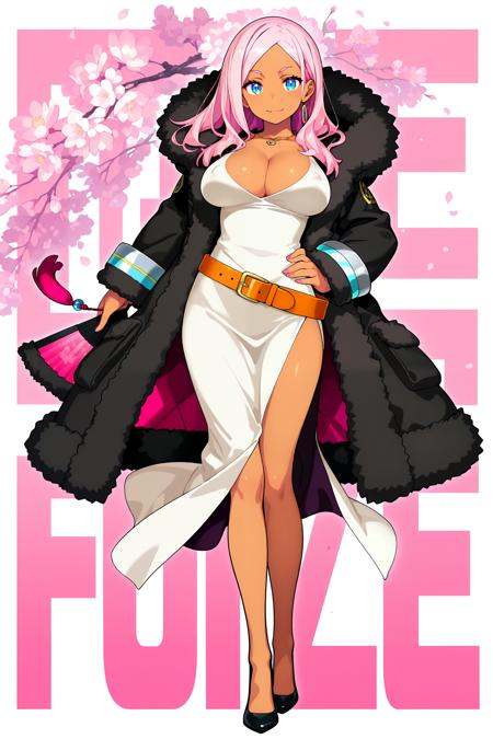 embedding:Stable_Yogis_PDXL_Positives2,  1girl, solo, long hair, breasts, looking at viewer, smile, blue eyes, large breasts, dress, holding, jewelry, full body, pink hair, open clothes, belt, dark skin, necklace, black footwear, white dress, covered nipples, dark-skinned female, coat, hand on hip, fur trim, hand fan, pink nails, side slit, open coat, black coat, folding fan, holding fan,