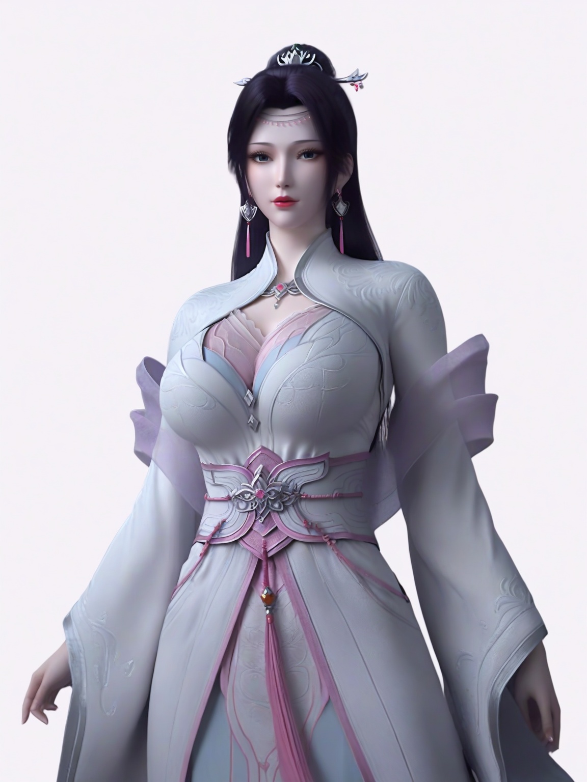 score_9,1girl,solo,dress,long hair,earrings,hair ornament,eyelashes,large breasts,standing,wide sleeves,lipstick,looking at viewer,white background,simple background,cowboy_shot,<lora:SF_YunYun_HuaZong_Pony_Realism2.3-000003:0.7>,
