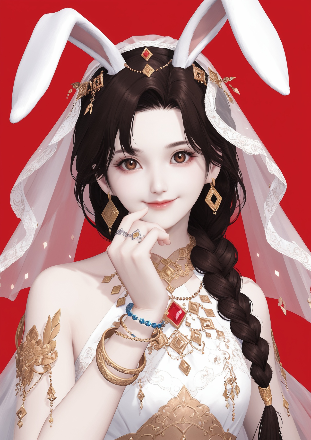 score_10,score_9,score_8_up,score_7_up,1girl,jewelry,solo,ring,rabbit ears,animal ears,gem,braid,long hair,earrings,bracelet,hair ornament,upper body,smile,black hair,looking at viewer,veil,brown hair,single braid,dress,red background,lips,closed mouth,