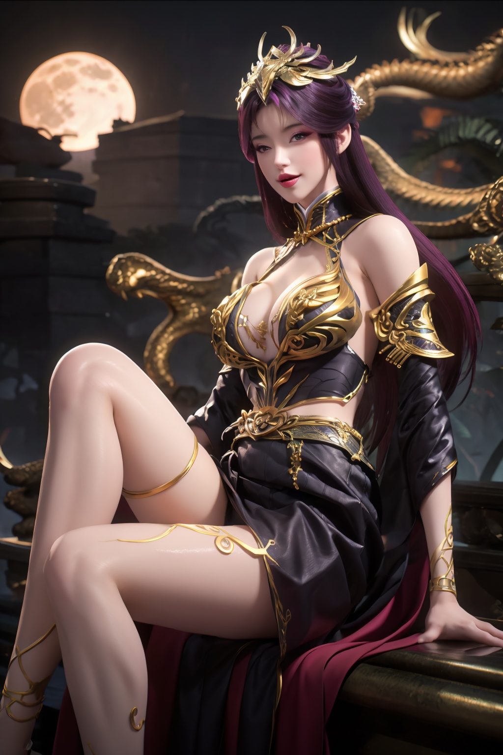 licking lips, tongue, portrait, tongue on lips,dress,chinese clothes,flower,full_moon,moon,night,lily_pad,lotus,moonlight,nipples,water,night_sky,lily_\(flower\),sky,partially_submerged,1girl,solo,black hair,hair ornament,long hair,brown eyes,realistic,nail polish,photo_\(medium\),(breasts, big_breasts, cleavage),makeup,(8k, RAW photo, best quality, masterpiece:1.2),(realistic, photorealistic:1.3),ultra-detailed,extremely detailed cg 8k wallpaper,(crystalstexture skin:1.2),extremely delicate and beautiful,purple hair,head jewel,sitting on throne,spread legs,seducive smile,black stockings,covering breasts and crotch,very long thighs,