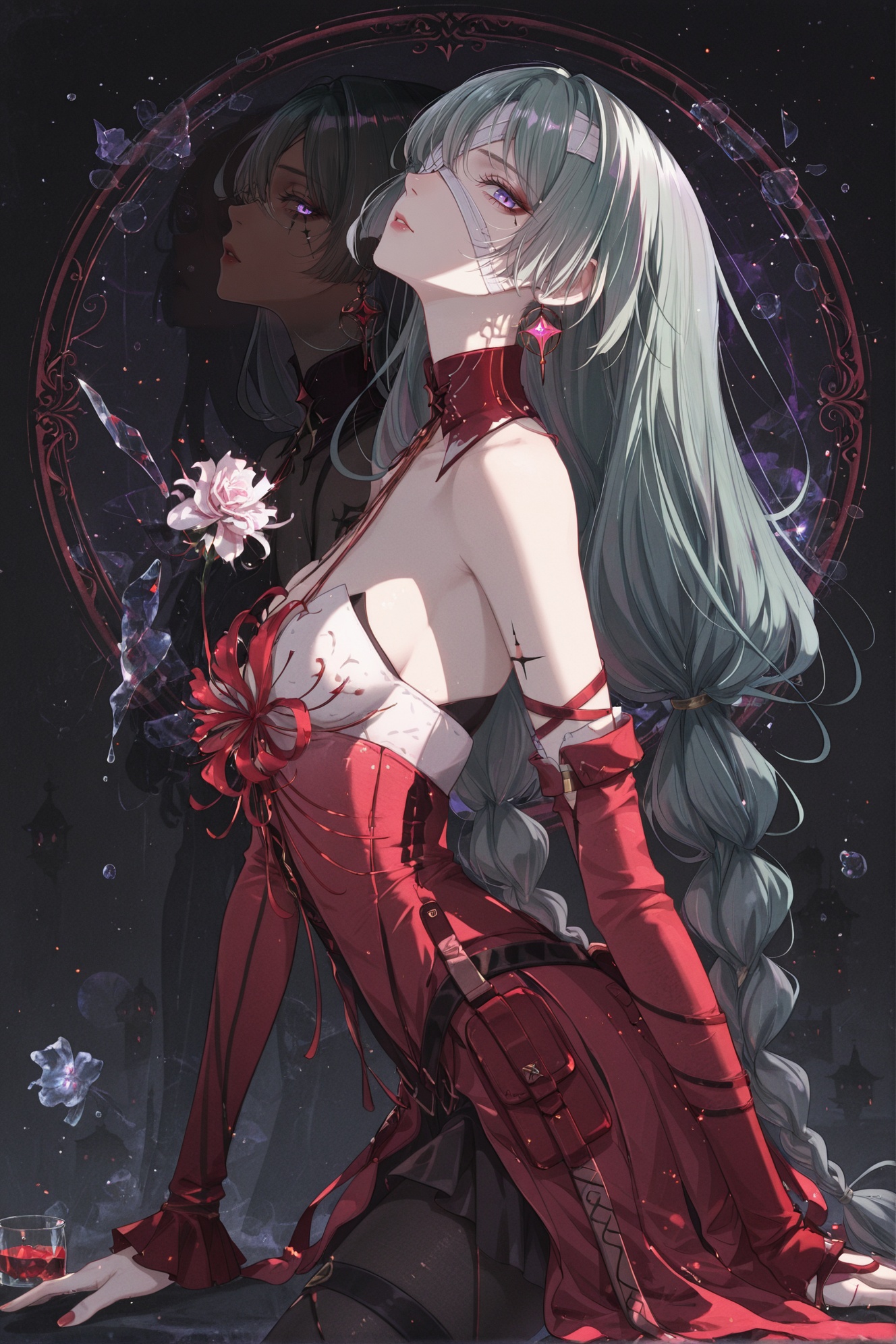 8k,best quality,masterpiece,(ultra-detailed),(high detailed skin),<lora:hanf-ill-Tanger:0.8>,artist: hanf,Fantasy Style,Grunge,masterpiece,high_quality,highres,woman,portrait,monochromatic color,black,ethereal woman in soft light,shadow crawling behind her expression,neutral,looking at viewer,dream or illusion,palette porcelain skin,pale rose,deep black,style surreal,cinematic,angle half-lit portrait,profile,circle,silhouette,glass fragments,<lora:Phrolova-ill-Tanger-000014:0.9>,Phrolova \(Wuthering Waves\),clothes: Phrolovadef red dress,left-arm-only arcane sigils,black tattoo-like markings,bandaged eye,asymmetrical outfit,black pantyhose,gray-green hair,1girl,long hair,purple eyes,bandages,asymmetrical detached sleeves,<lora:Sketchy_Pinup_Style_Illu_Edition:0.8>,SP-Illu,