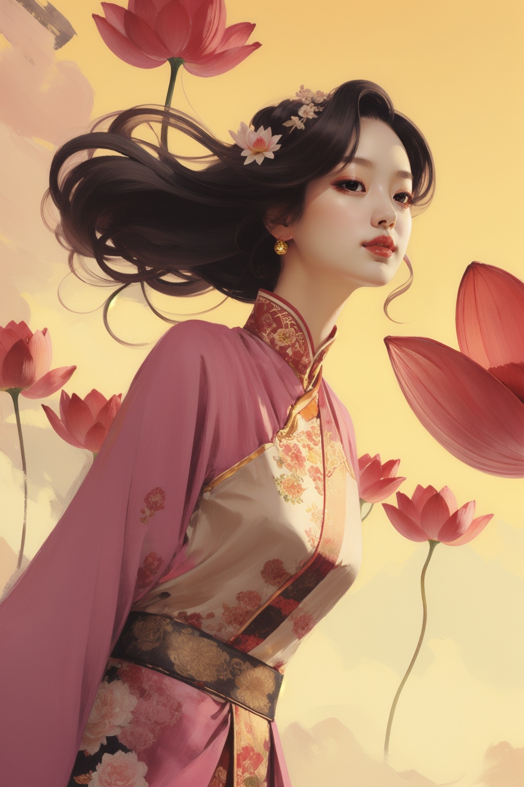 1girl,lotus ,sun,low angle, <lora:honghuang-000004:0.7>,honghuang