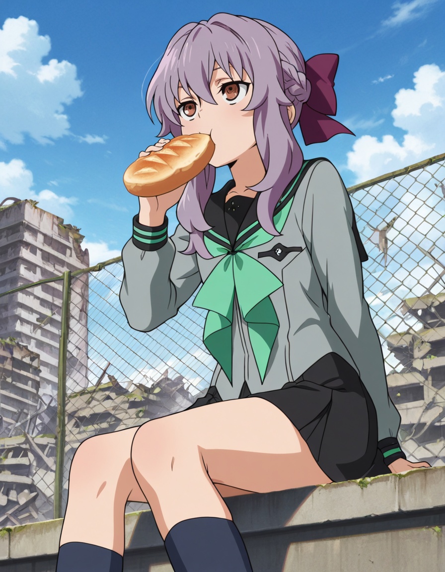 masterpiece, best quality, amazing quality,1girl, on rooftop, ruins, sitting on ledge, eating bread, looking up, from below, solo, chain-link fence, shinoa hiiragi (owari no seraph), long hair, purple hair, purple hair bow, half up braid, sidelocks, hair between eyes, brown eyesschool uniform, grey serafuku, black sailor collar, green neckerchief, long sleeves, black skirt, dark blue kneehighs,<lora:shinoa_hiiragi-owari_no_seraph_s2-ixl-anime-soralz:1>
