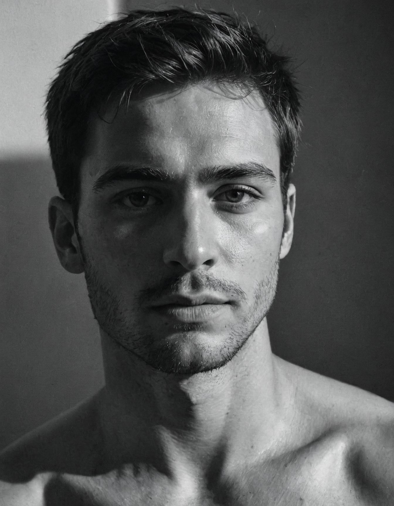 b&w, instagram photo, portrait photo of man, 28 y.o, perfect face, natural skin, hard shadows, film grain