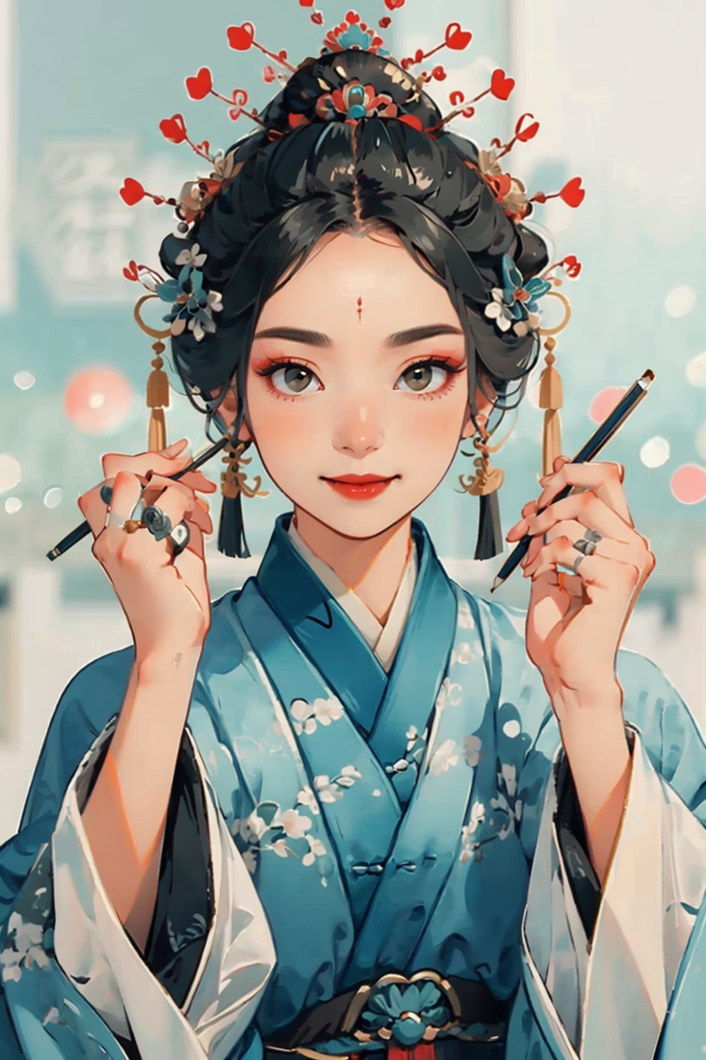 ((masterpiece)), best quality, perfect anatomy,8K wallpaper,mChinaChic, 1girl, solo, hair ornament, black hair, holding eyebrow pencil, red lips, makeup, chinese clothes, upper body, looking at viewer,  ring, smile, long sleeves, hanfu, hands up, wide sleeves, blurry background, updo, closed mouth, depth of field<lora:mChinaChic_v1:0.8>