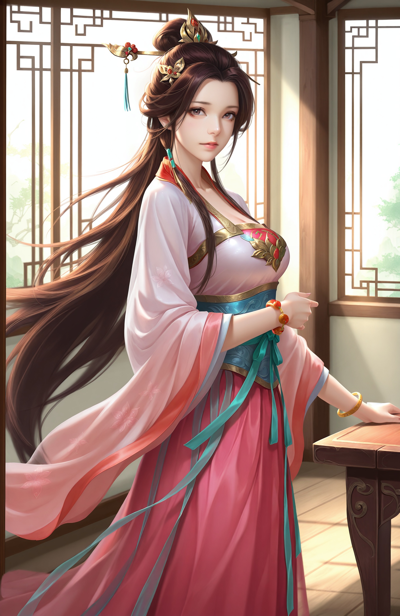 masterpiece,best quality,amazing quality,<lora:guf-ill-000008:0.9>,1girl,solo,long hair,bracelet,hair ornament,chinese clothes,brown hair,jewelry,trundle,indoors,dress,window,skirt,looking at viewer,table,hanfu,long sleeves,