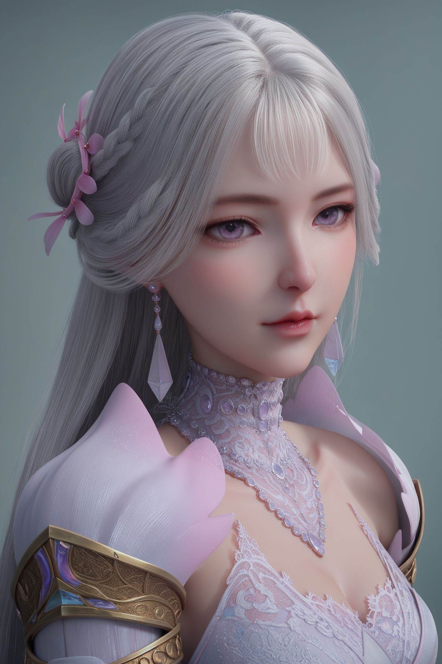 score_9, score_8_up, score_7_up,  1woman, extremely detailed, high quality, realistic, beautiful eyes, cleavage, top down <lora:无双珠-圣莲Pony:0.65>,long silver hair styled in intricate braids with a pink flower tucked behind her ear.wears a flowing,elegant gown in a soft lavender hue,intricately designed with intricate white lace and golden accents,