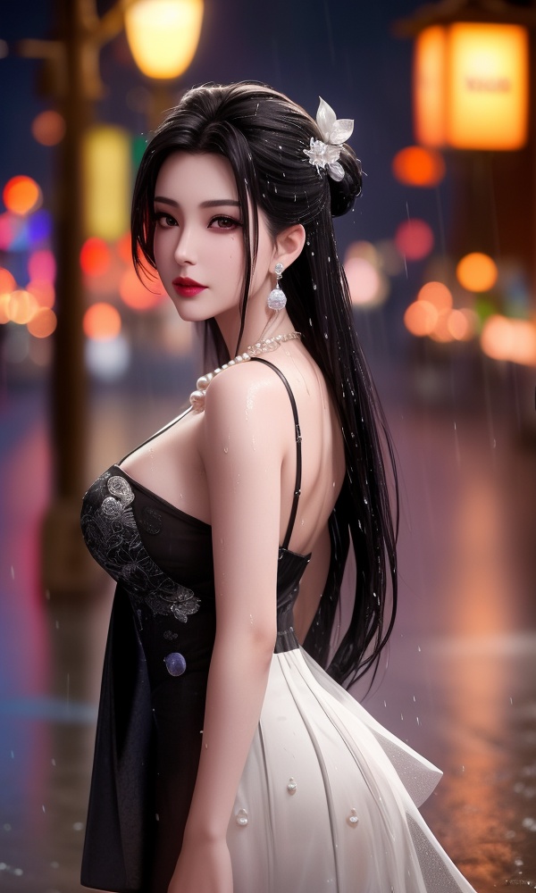 <lora:411-DA-太一剑仙传-季师师:0.8> ,(,1girl, ,best quality, ),looking at viewer, ,ultra detailed 8k cg, ultra detailed background,  ultra realistic 8k cg,          cinematic lighting, cinematic bloom, (( , )),,  , unreal, science fiction,  luxury, jewelry, diamond, pearl, gem, sapphire, ruby, emerald, intricate detail, delicate pattern, charming, alluring, seductive, erotic, enchanting, hair ornament, necklace, earrings, bracelet, armlet,halo,masterpiece, (( , )),,  ,cherry blossoms,(((, night,night sky,lamppost,  ultra high res, (photorealistic:1.4), raw photo, 1girl, , rain, sweat, ,wet, )))(( , ))   (cleavage), (), blurry, depth_of_field, blurry_background, 1girl, blurry_foreground, black_hair, mole, solo, lips, motion_blur, nose, makeup,