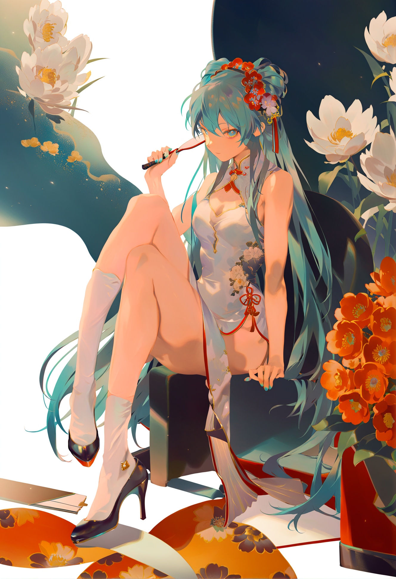 masterpiece, best quality, solo, long hair, hatsune miku, flower, 1girl, chinese clothes, dress, very long hair, looking at viewer , china dress, sitting, hair ornament, hand fan, high heels, clothing cutout, cleavage cutout, uchiwa, breasts, hair flowing over, yellow flower, hair flower, aqua hair, black footwear, white socks, full body, short sleeves, alternate hairstyle, paper fan, white dress, bangs, nail polish, red flower, orange flower, green eyes, white background, aqua eyes , small breasts, covered mouth, side slit, socks, half updo, chrysanthemum, jewelry, hair bun, shoes, short dress, bare legs, beads, plant  <lora:REIKOXLlokr8f:1>