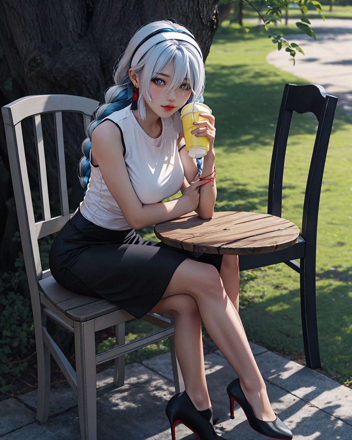 shenhe,genshin impact,1girl,shenhe \(genshin impact\),solo,long hair,sleeveless,braid,black skirt,looking at viewer,jewelry,sitting,skirt,earrings,cup,breasts,shirt,hair over one eye,alternate costume,bag,high heels,blue eyes,chair,holding,table,full body,handbag,sleeveless shirt,black footwear,tassel,white shirt,hairband,outdoors,large breasts,tassel earrings,eyes visible through hair,white hair,braided ponytail,tree,bangs,<lora:shenhe_v10_lora:1>,, masterpiece, best quality