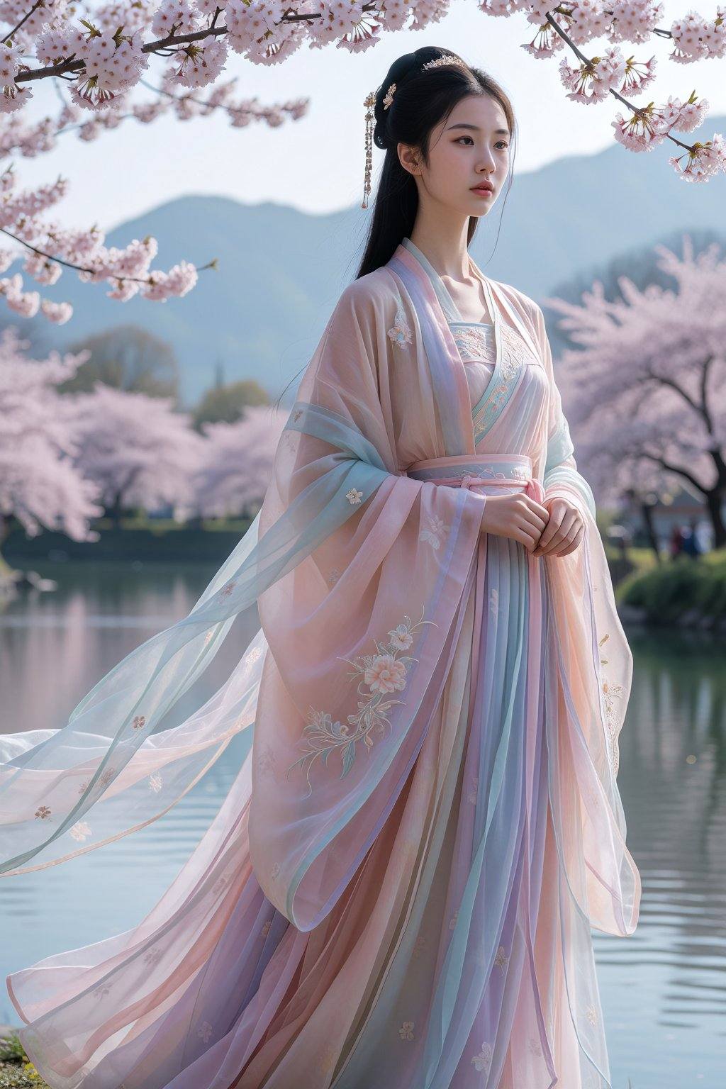 A graceful young woman wearing a pastel-gradient Hanfu with long,  flowing translucent sleeves and layered silk skirts in...