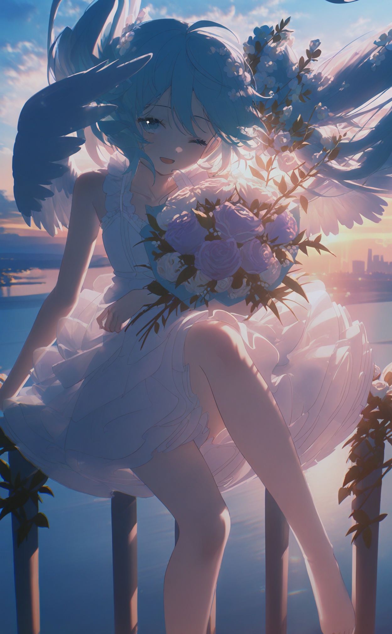 masterpiece,highres,absurdres,newest,best quality,high quality,loli,petite,chromatic_aberration,//,1girl, bouquet, solo, on railing, dress, hatsune miku, flower, wings, holding bouquet, long hair, sky, railing, white dress, one eye closed, cloud, floating hair, very long hair, white flower, outdoors, backlighting, sitting, sleeveless, barefoot, purple flower, holding, angel wings, twintails, sleeveless dress, blue hair, bare arms, white wings, feathered wings, white rose, blue theme, hair flower, cityscape, foot out of frame, rose, cloudy sky, horizon, hair ornament, sunrise, smile, blue eyes, blue sky, purple rose, open mouth, bare shoulders, ocean, city, plant, knee up, wind, frills, sunlight, frilled dress, blurry, arm support, building, bare legs, dawn, aqua eyes, looking at viewer, blue flower, sunset, ahoge, aqua hair, leaf, depth of field, layered dress, lens flare//,<lora:konya_karasue3——【noob】hans:1>,