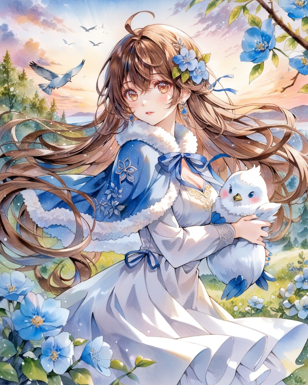 1girl, flower, bird, hair ornament, long hair, hair flower, traditional media, brown hair, looking at viewer, brown eyes, solo, cape, holding, blue nails, animal, branch, breasts, nail polish, blue cape, bangs, fur trim, hair between eyes, long sleeves, outdoors, parted lips, ribbon, earrings, marker (medium), jewelry, from side, medium breasts, dress, blush, painting (medium), ahoge, skirt, floating hair, blue ribbon, holding animal, sky, cleavage, fingernails, leaf, blue flower, looking to the side, cloud, white dress, neck ribbon, standing, cowboy shot, white skirt, closed mouth, watercolor (medium), capelet, tree, fur collar, plant, day, very long hair