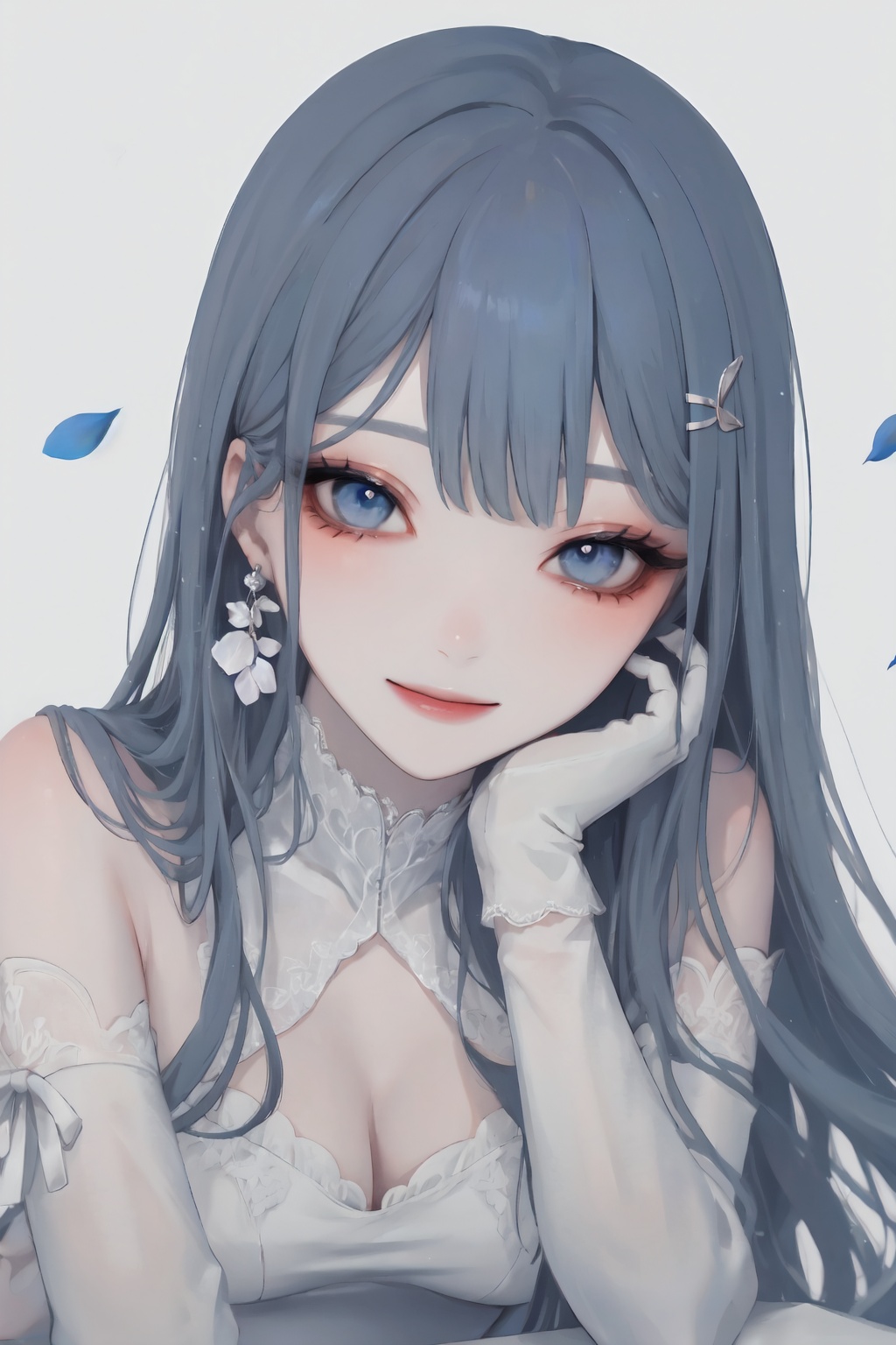 1girl, solo, dress, blue eyes, long hair, looking at viewer, hair ornament, white dress, smile, gloves, jewelry, earrings, breasts, bangs, hairclip, closed mouth, head rest, bare shoulders, hand on own face, grey hair, petals, blue hair, hand on own cheek, white background, nail polish, eyelashes, ct-style, beautiful eyes