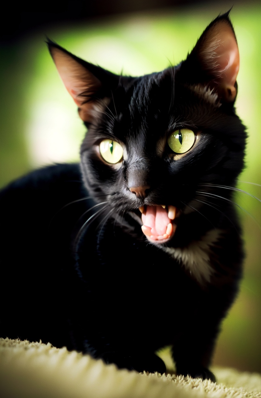 masterpiece,best quality,(absurdres:1.2),depth of field,cat,close-up,green eyes,fang,open mouth,depth of field,dark,black cat,night,face focus,