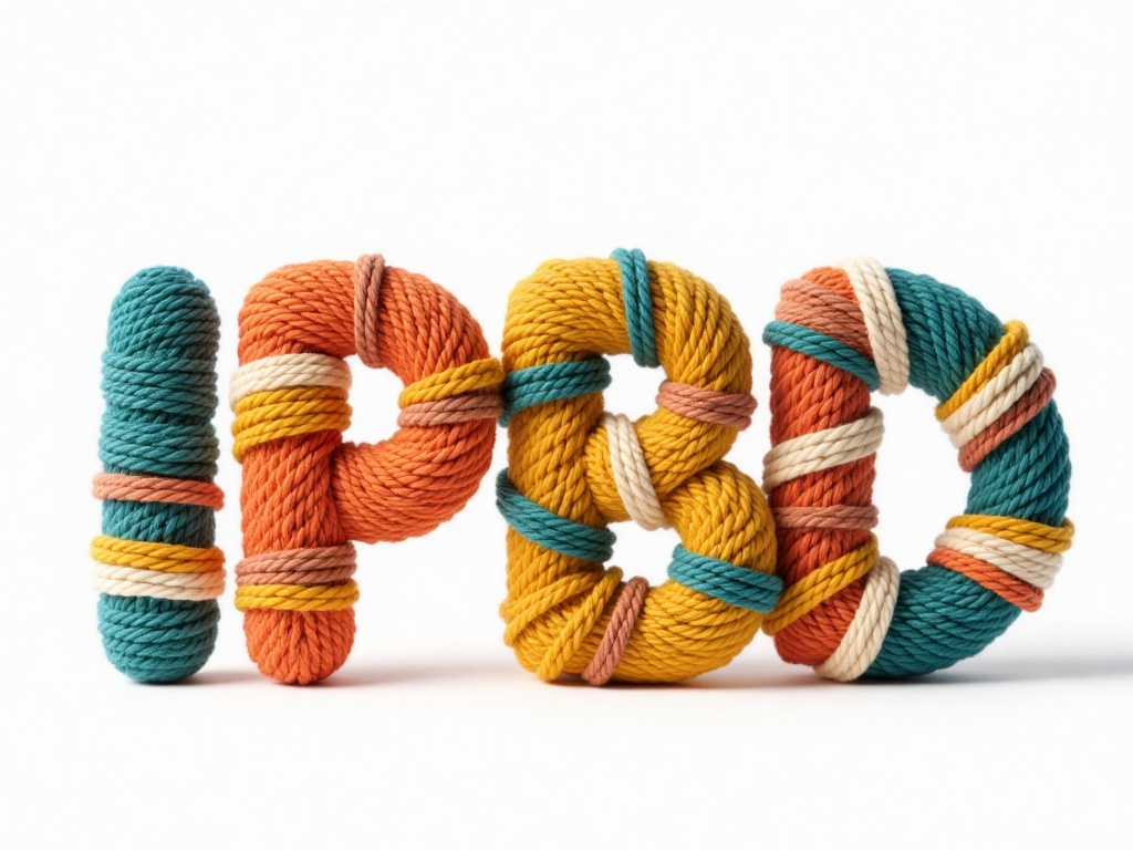 IPBD,Photograph of a hand-knitted,colorful,multi-colored yarn sculpture spelling out "IPBD" in a playful,twisted,and intertwined style. The yarn is in shades of teal,mustard yellow,orange,and cream,creating a vibrant,textured,and whimsical appearance against a plain white background.,