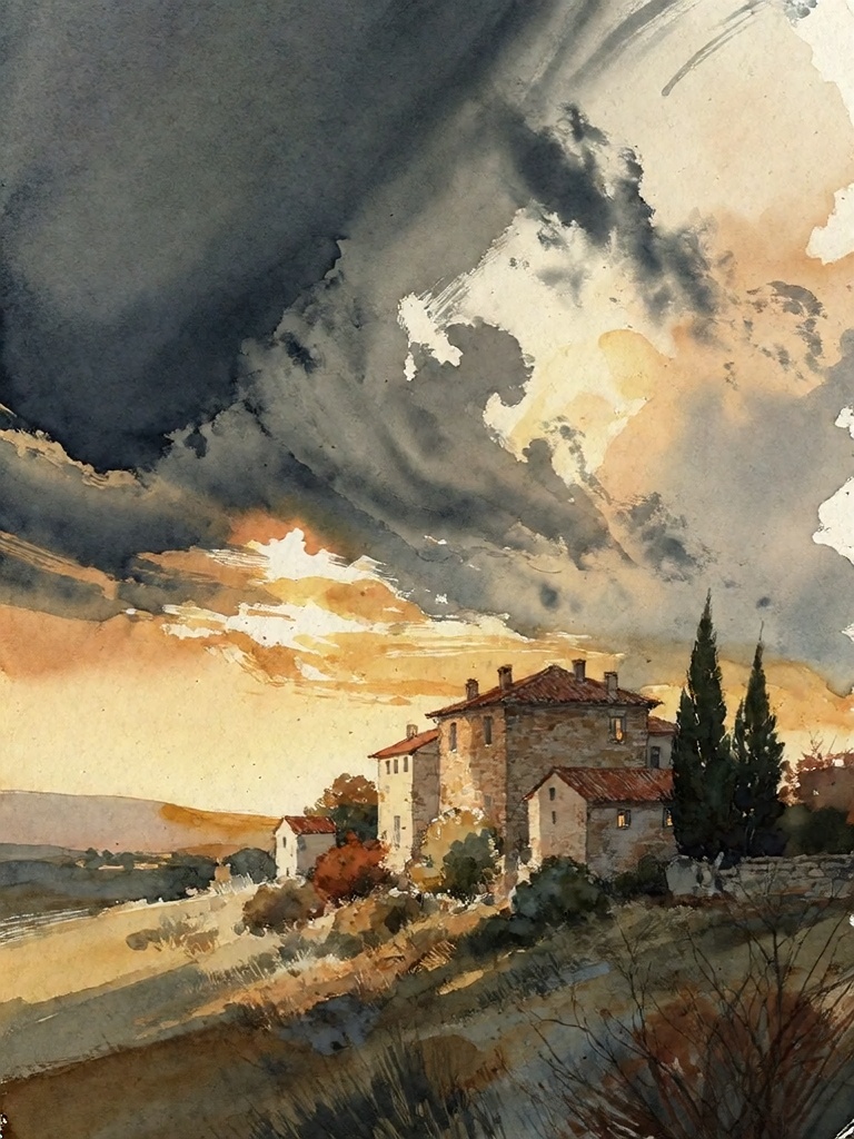 Bradhamel art style.**Final Prompt** A dramatic,  moody landscape painting of a small village perched on a hill under a va...
