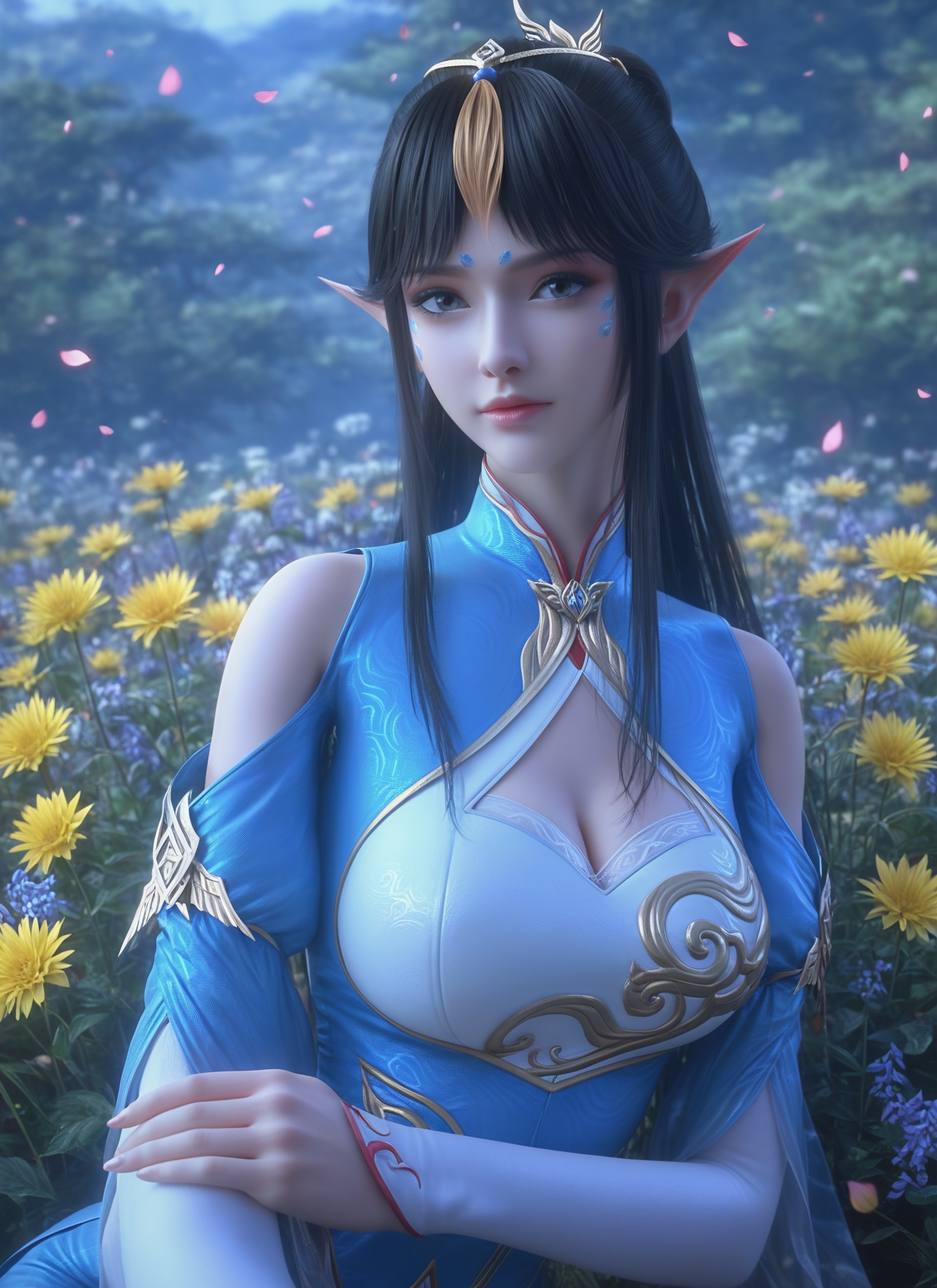 fengqinger,<lora:fengqingerXL:0.8>,score_9,score_8_up,score_7_up,32K UHD,8k,4k,best quality,realistic,extremely detailed cg 8k wallpaper,ultra-detailed,Dark light,dark scene,masterpiece,sharp focus,unconventional supreme masterpiece,masterful details,temperate atmosphere,with a high-end texture,translucent,luxurious sharp focus,intense,dynamic cinematic color,intricate detail,located artistic,Fashion and art,elegant and sophisticated,innovative use of light and shadow,decorative,allegorical,symbolic,with a high-end texture,low saturations,dim lighting,1girl,solo,looking at viewer,{sexy stockings|cowl neck stockings|black stockings|plaid tights|nude stockings|thigh-high socks|leggings|pantyhose|seamless stockings},pale_skin,(shiny_skin:0.8),shorts,big breasts,cleavage,bra,framed breasts,high detailed skin,closed mouth,pointy ears,black hair,long hair,facial mark,hair ornament,forehead mark,bare shoulders,flower field,petals,(breast grab:0.8),outdoors,clothing cutout,blue dress,hair ornament,shoulder cutout,cleavage cutout,expressionless,chinese clothes,