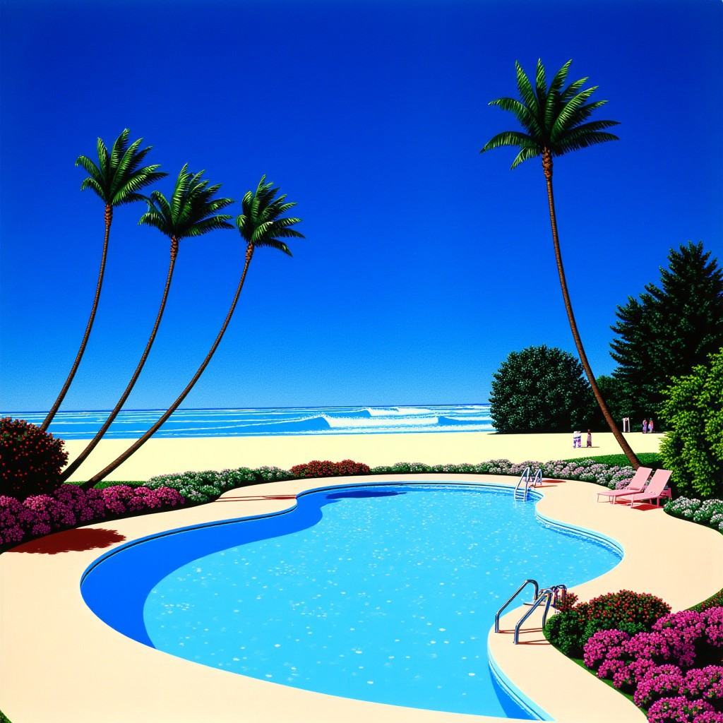 This image is a vibrant,  digital artwork featuring a tropical beach scene. The sky is a deep,  clear blue on Tensor.Art