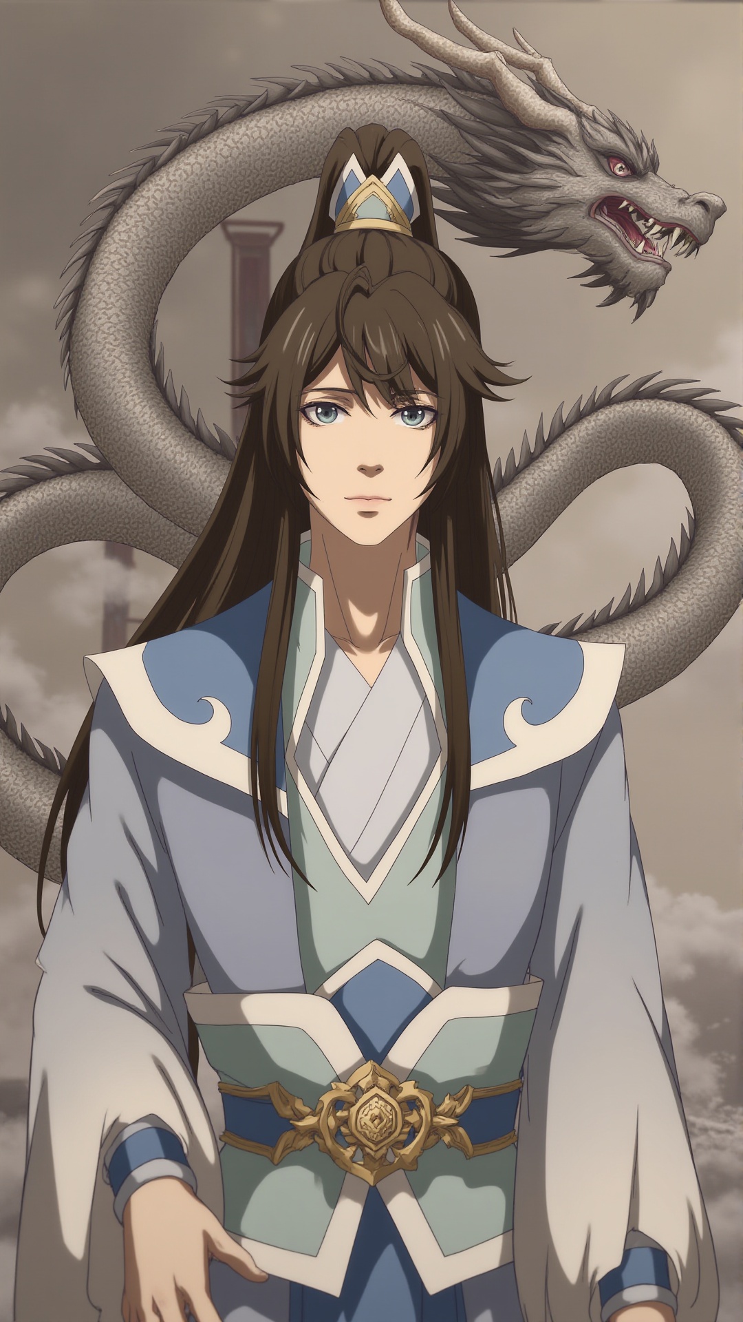 Masterpiece, best quality, ultra-detailed, detailed pupils, photography, pale, high quality, top CG rendering, highest quality, ultra-clear, ultra-detailed, New Chinese Art style. A highly detailed painting of a man in front of a dragon, showcasing intricate details and ultra-high resolutions. The scene is captured in 8K resolutions, with an 8k Wallpapers aesthetic, featuring a good figure and HD, 32k quality. The artwork is super clean, with Official Art and Extremely Detailed CG, perfect for 8k displays..,<lora:F1-baixiaochun:0.8>,
