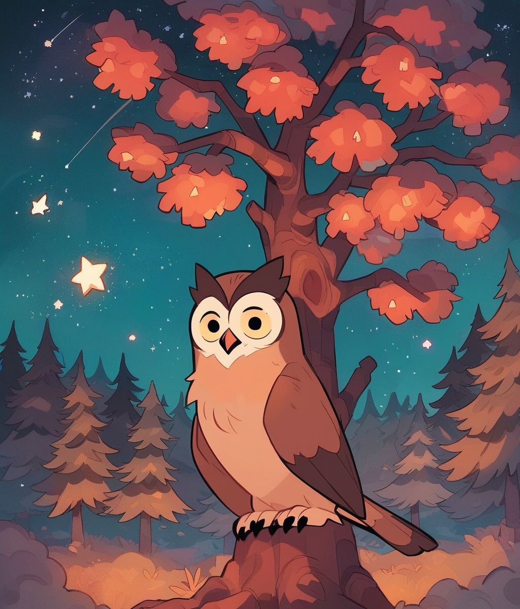 cute owl in a tree late at night,  the milkyway,  shooting stars on Tensor.Art