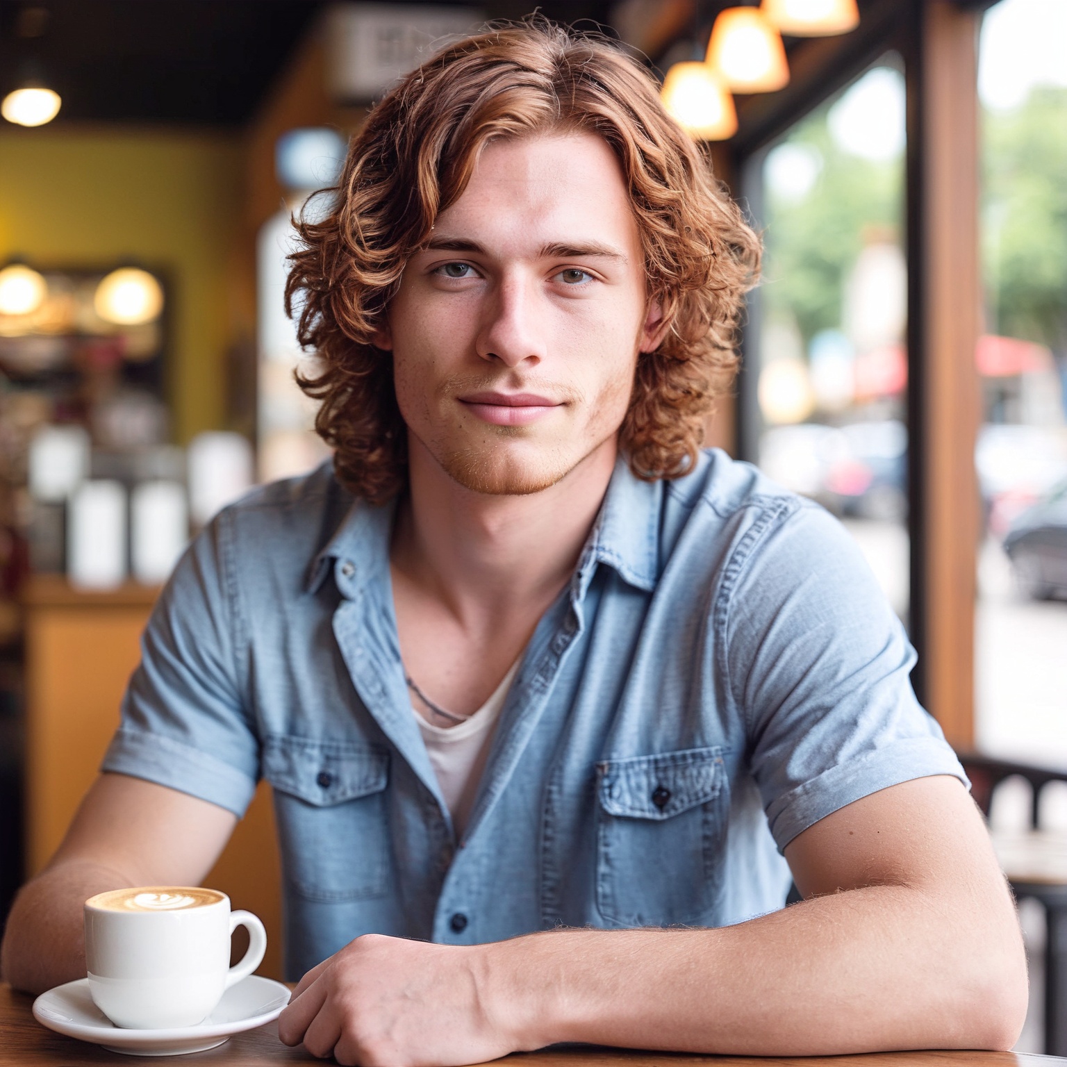 A 26-year-old man with shoulder-length,  wavy auburn hair,  dressed in a casual button-up shirt and jeans. He is posing in...