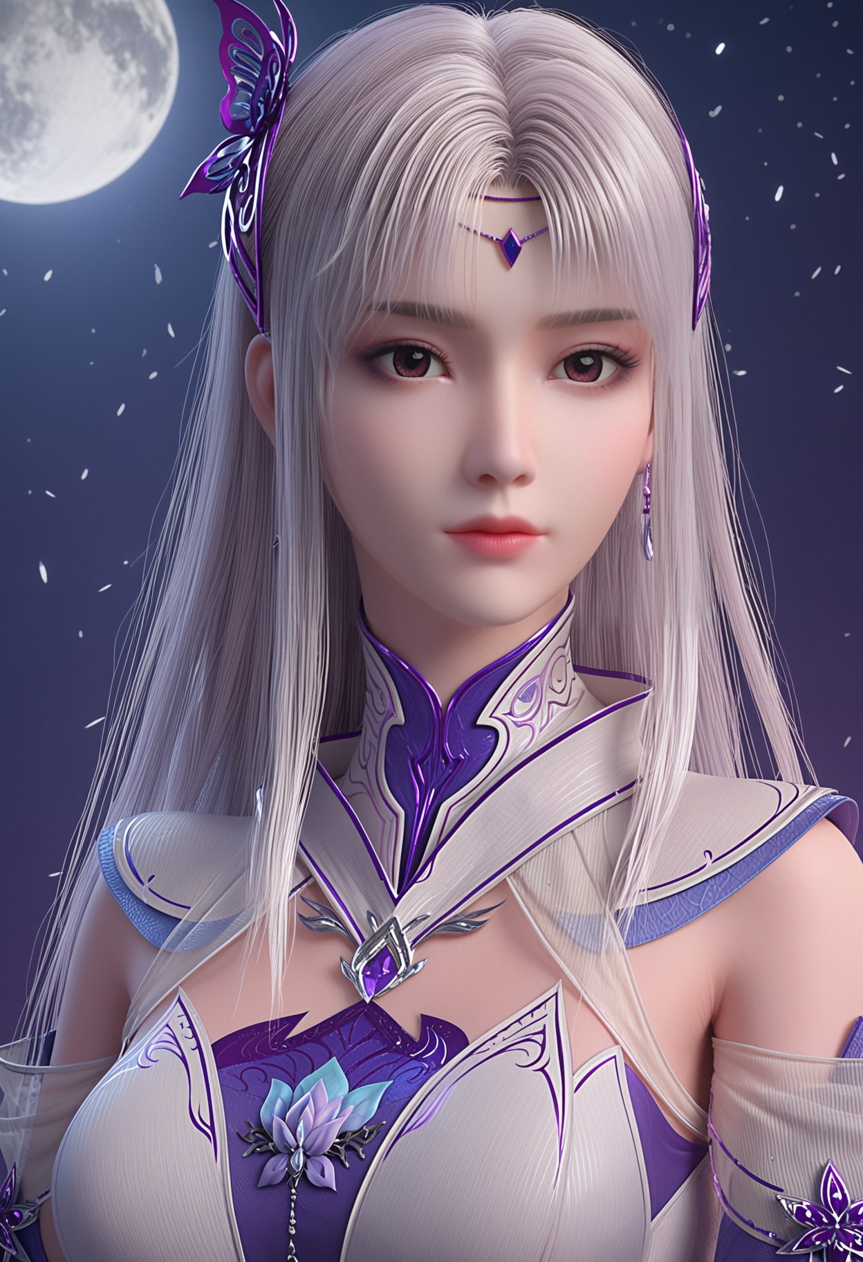 perfect_anatomy,(score_9:1.1),(upper_body:1.1),(looking_at_viewer:1.1),<lora:YQ_pony_xiaoyixian_V4:0.8>,1girl,solo,long hair,hair ornament,dress,realistic,jewelry,earrings,brown eyes,see-through,braid,tattoo patterns,sash,parted bangs,purple eyes,detached sleeves,perfect_anatomy BREAK (perfect_anatomy:1.1),mature female,(full_moon,:1.1),fair_skin,white_skin,shiny_skin,pale skin,Ivory_skin,(cinematic lighting),