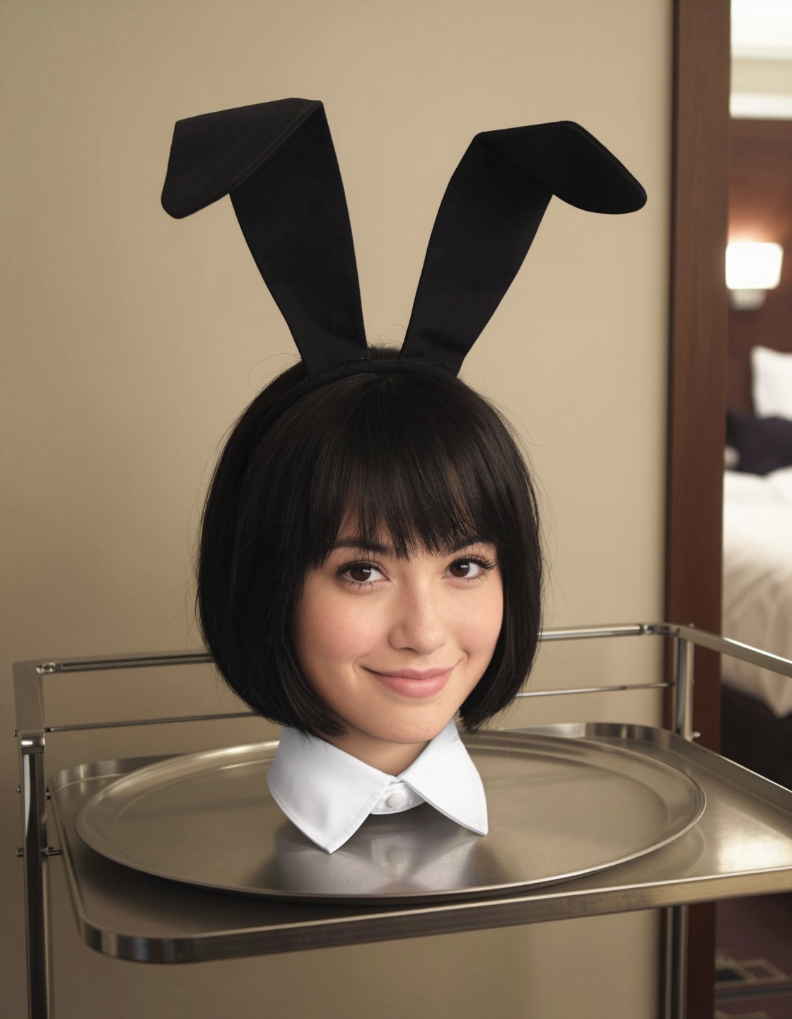 photograph of a young woman's disembodied head sitting on a silver tray on a hotel service cart in a hotel room. She is sh...