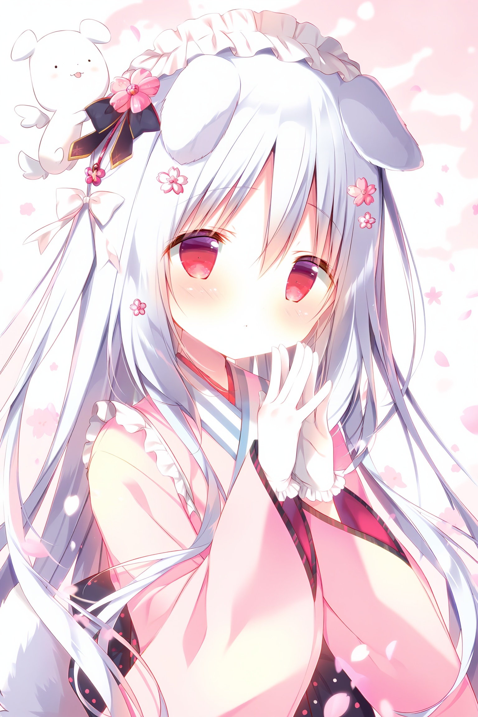 shiratama,1girl,animal ears,gloves,long hair,solo,dog ears,japanese clothes,white gloves,hair between eyes,tail,kimono,long sleeves,bangs,red eyes,blush,flower,very long hair,wide sleeves,dog tail,looking at viewer,hair ornament,hands up,hair flower,parted lips,bow,striped,dog girl,dog,frills,steepled fingers,upper body,pink flower,pink kimono,striped bow,hair bow,petals,white bow,animal,own hands together,maid headdress,black bow,closed mouth,