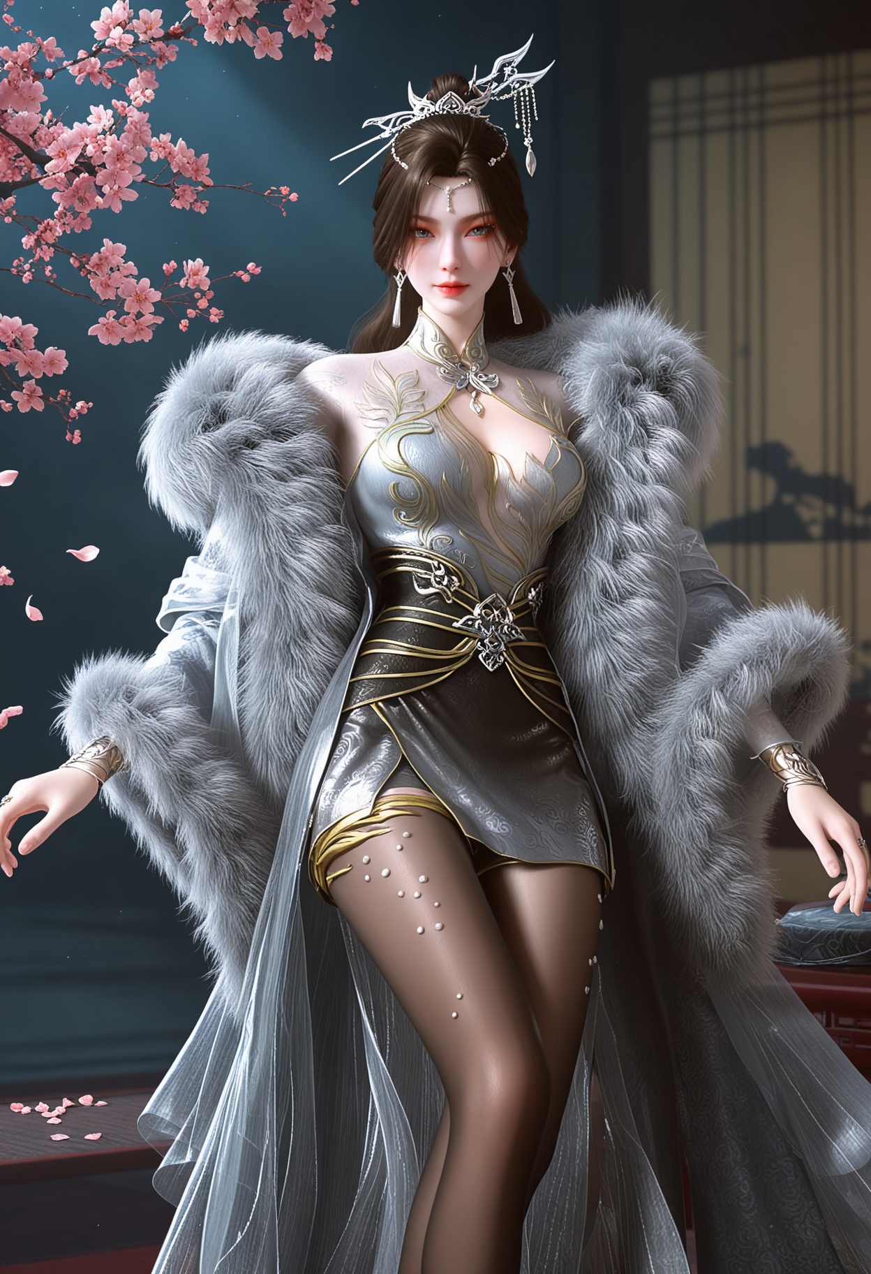 (upper_body:1.2),looking at viewer:1.1,masterpiece,(best quality),smog,Dark room,dim lighting,peach blossom,falling petals,<lora:YQ_Illustrious光辉v5_南宫仙儿_V1:0.8>,q1528437228,1girl,solo,jewelry,earrings,long hair,hair ornament,brown hair,dress,black hair,blue eyes,hair bun,bracelet,pantyhose,white dress,chinese clothes,fur coat,long sleeves,fur trim,black pantyhose,single hair bun,black footwear,high heels,shoes,coat,ponytail,short hair,brown pantyhose,grey eyes,hair stick,ring,