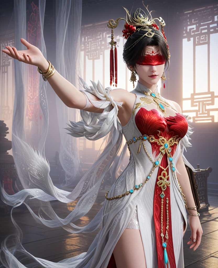 (oriental architecture, elegant decor, sophisticated style:1.1),(Posing with one hand on the hip, other arm reaching up,:1.1),Scornful,(breasts:1.2),<lora:XL16永劫无间宁红叶赤皓新囍白:0.95>,miss ninghongye,white dress with red corset,blindfold,black hair,traditional chinese updo,hair ornament,earrings,jewelry,bare shoulders,, score_9,score_8_up,score_7_up,score_6_up,score_5_up,score_4_up,3d rendering,tag1,tag2, Cinematic Lighting,backlighting,